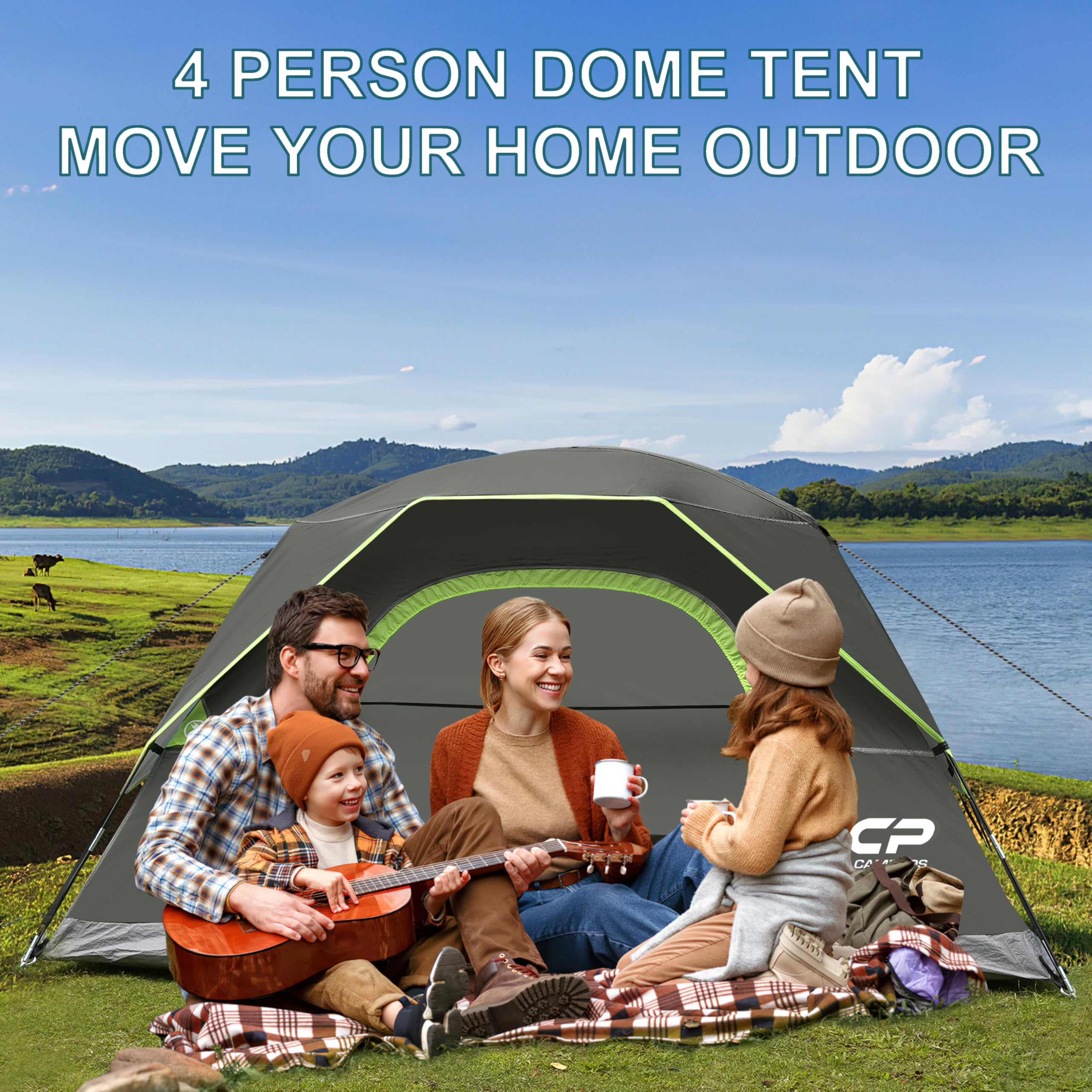 CAMPROS CP Camping Tent 2/4/6 Person, Waterproof Windproof Double Layer Dome Tent, Easy Setup with Large Mesh Windows & Wide Door for Outdoor Camping Backyard