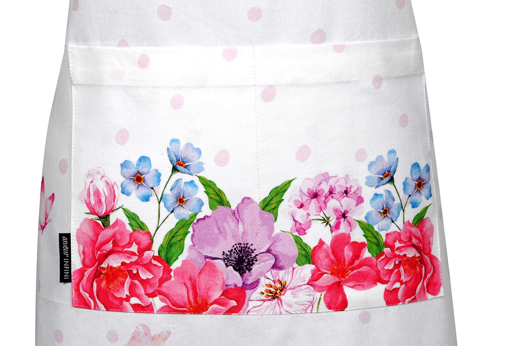 AMOUR INFINI Cotton Aprons for Women with Pocket, Adjustable Strap & Waist Ties - Washable Aprons for Baking, Cooking, Gardening (27.5 x 33 Inches - Blooming Floral)