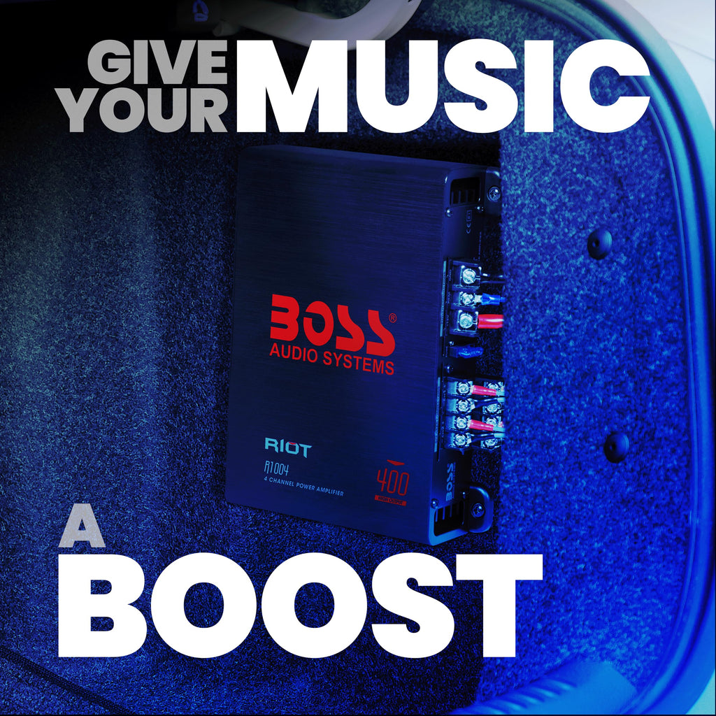 BOSS Audio Systems R1004 Riot Series 4 Channel Class A/B Car Amplifier - 400 High Output, IC (Integrated Circuit), Hook Up to Subwoofer for Bass