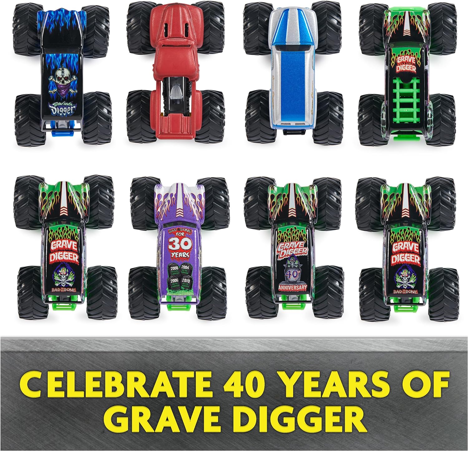 Monster Jam, Grave Digger 40th Anniversary 8-Pack Monster Trucks with Bonus Accessories, 1:64 Scale, Kids Toys for Boys and Girls 3 and up