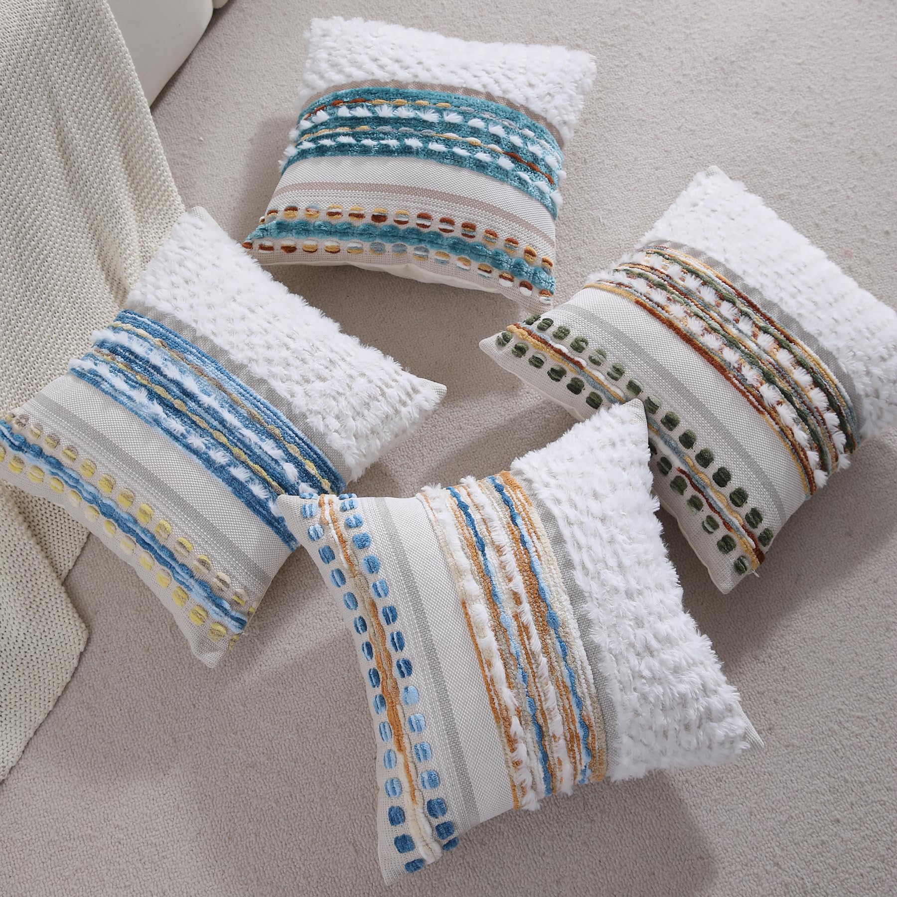Boho Pillow Covers 18x18 Set of 2 for Couch-Modern Farmhouse Sofa Decorative Throw Pillow Covers Textured Chenille Cushion Covers Outdoor Netural Bohemian Pillow Cases Square