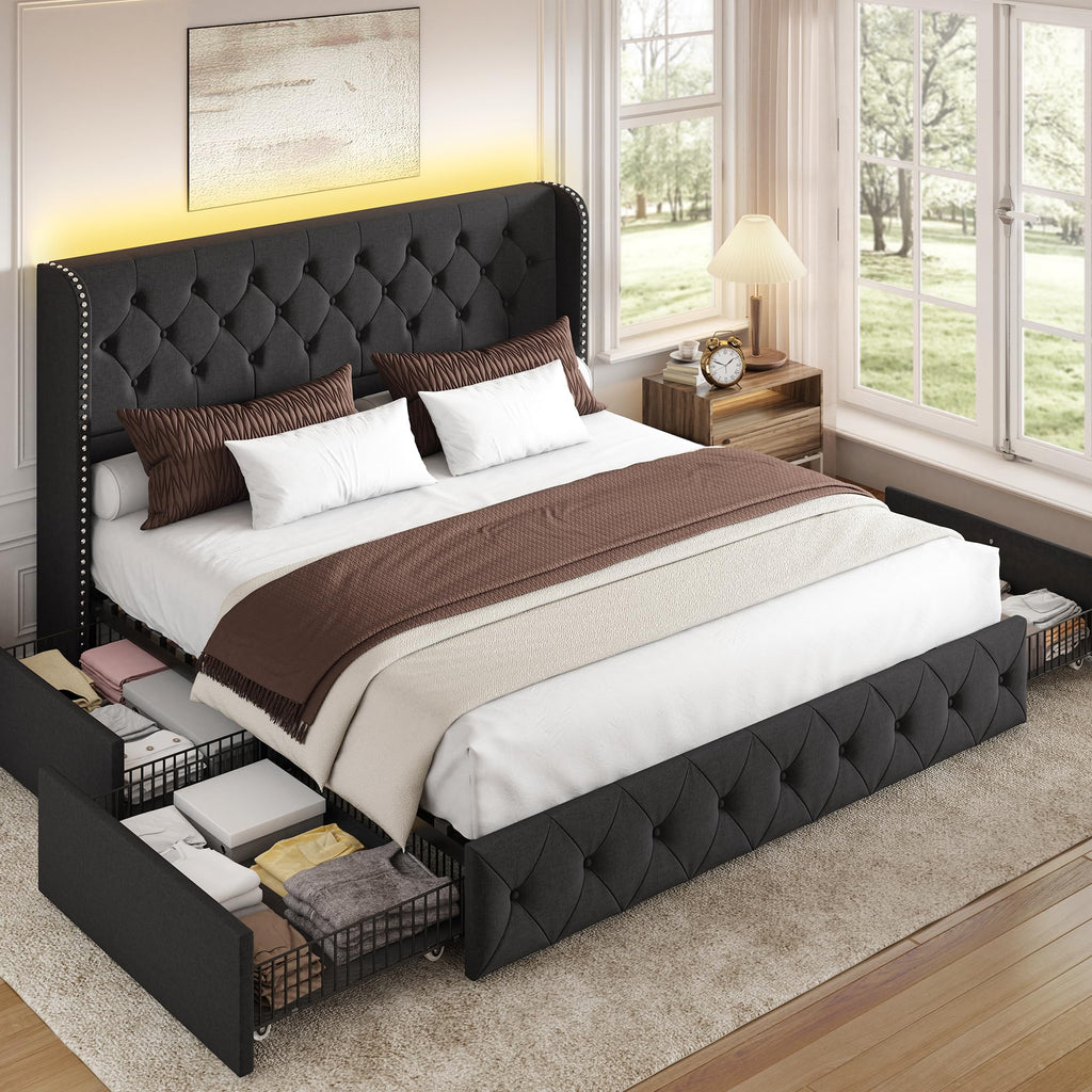BRELTAM Full Size Bed Frame with Storage Drawers and Wingback Headboard Linen Upholstered Platform Bed Frame Tufted Beds with Heavy Duty Wood Slats, Noise Free, Easy Assembly, Beige