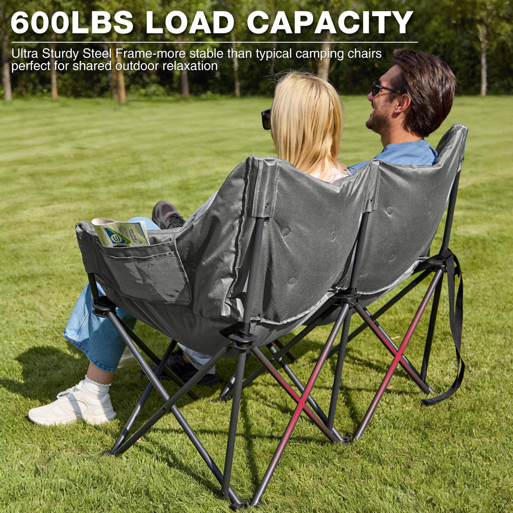 Double Camping Chair Heavy Duty Oversized Padded Loveseat for Adults 2 Person Outdoor Portable Camping Chairs for Lawn, Backyard, Fishing, Trip, Support 600lbs, Grey