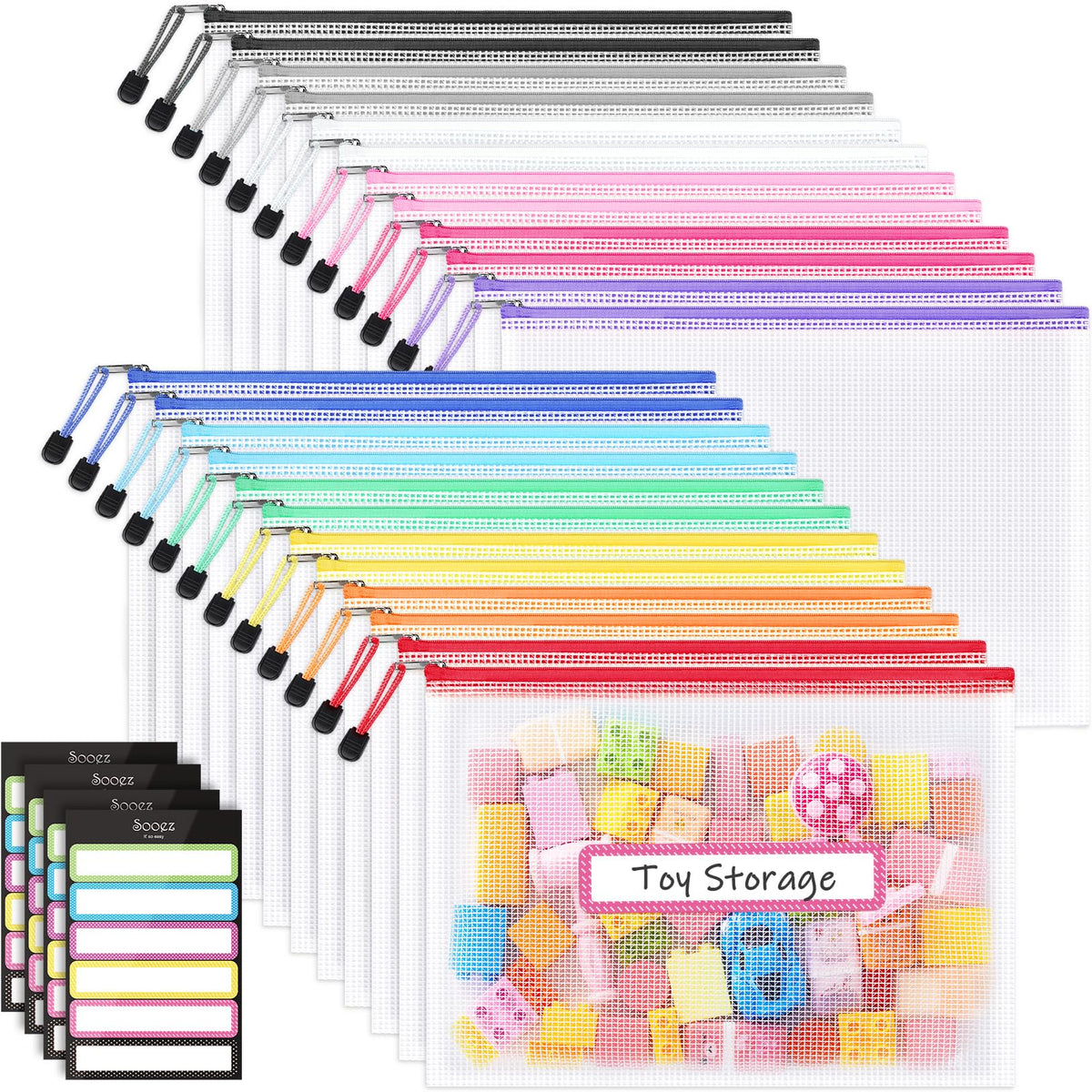 Sooez 24 Pack Mesh Zipper Pouch with Sticky Labels, A4 Mesh Bags, Sturdy Letter Size File Folders Organizer, Office School Classroom Supplies, Toy Storage Bag Board Game Puzzles Organization, Black