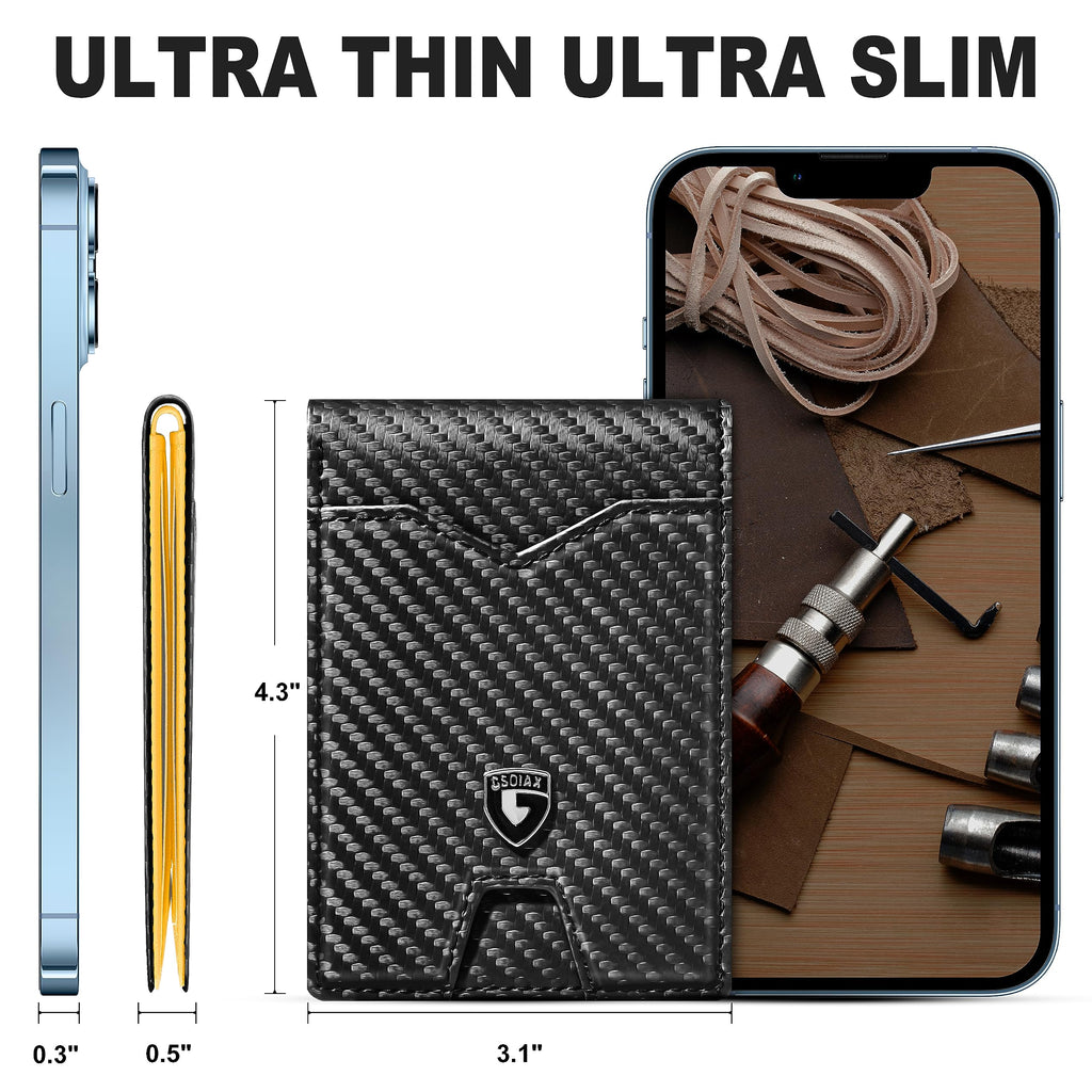 GSOIAX Slim Wallet for Men Rfid Blocking Leather Bifold Front Pocket Carbon Fiber Men's Money Clips Credit Card Holder With Gift Box