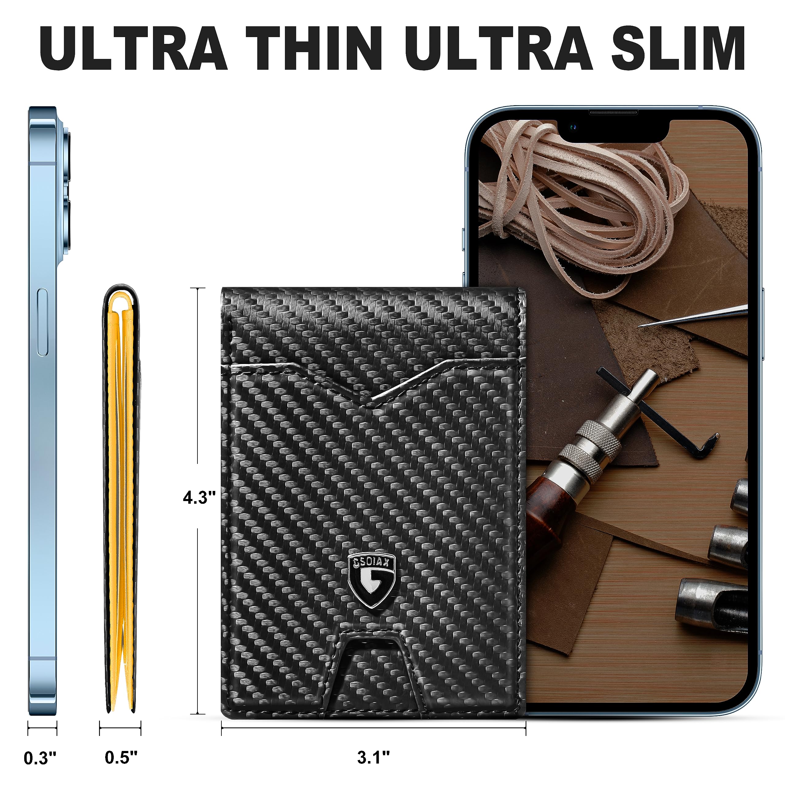 GSOIAX Slim Wallet for Men Rfid Blocking Leather Bifold Front Pocket Carbon Fiber Men's Money Clips Credit Card Holder With Gift Box