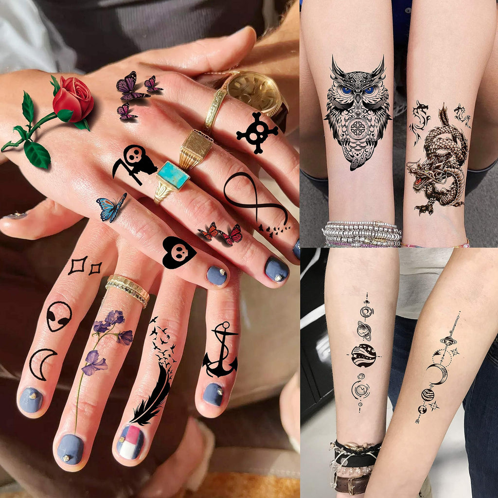 EGMBGM 52 Sheets Tiny Small Temporary Tattoos For Kids Boys Girls, Tribal Animals Butterfly Anchor Compass Tattoo Stickers For Men Women, 3D Cute Flower Fake Face Tatoo Kits Sets For Neck Arm Hands