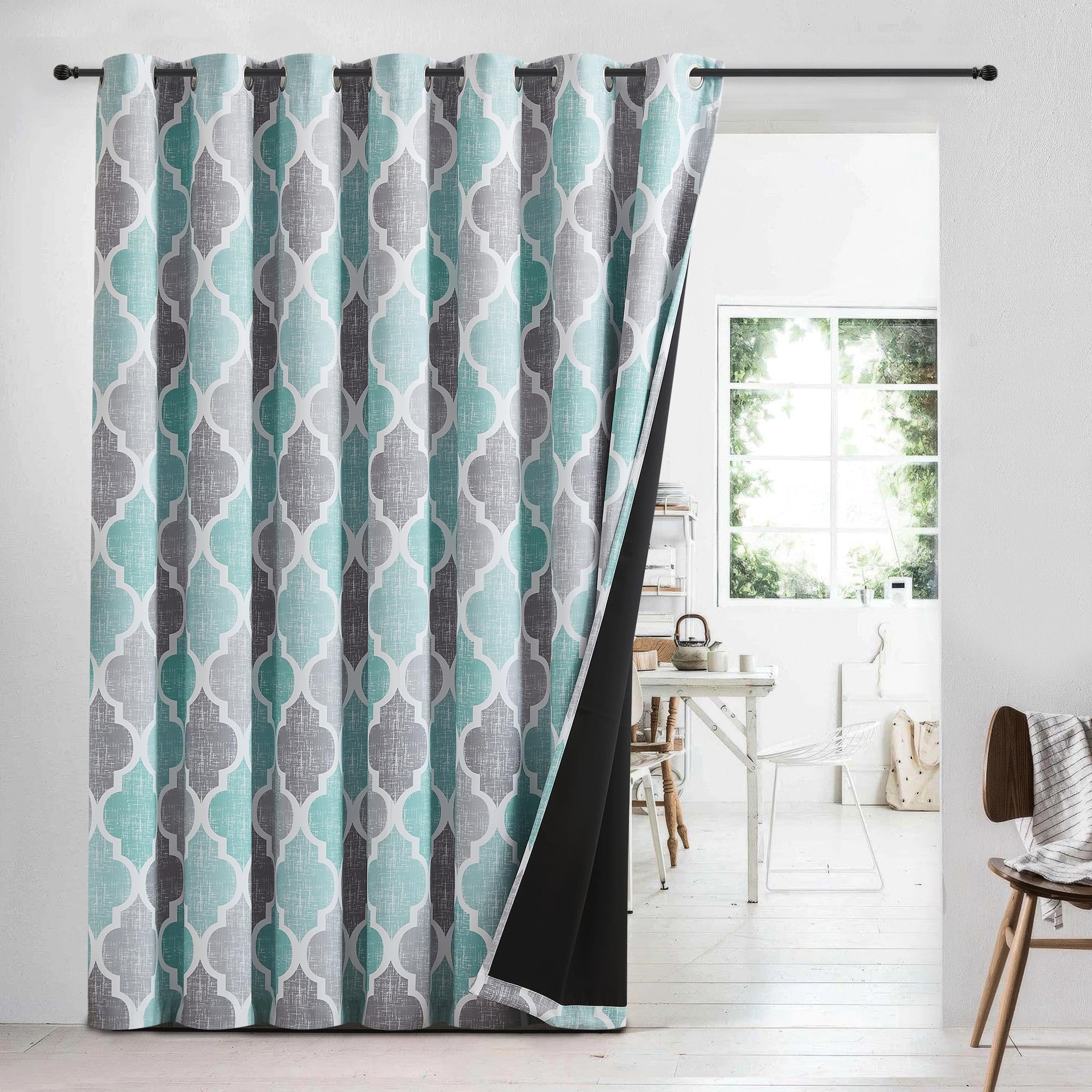 Beauoop 100% Blackout Curtains 45 Inches Long 2 Panels for Bedroom Living Room Aqua Grey Moroccan Geo Room Darkening Thermal Insulated Soundproof Grommet Top Window Treatments Drapes, 50x45 Set of 2