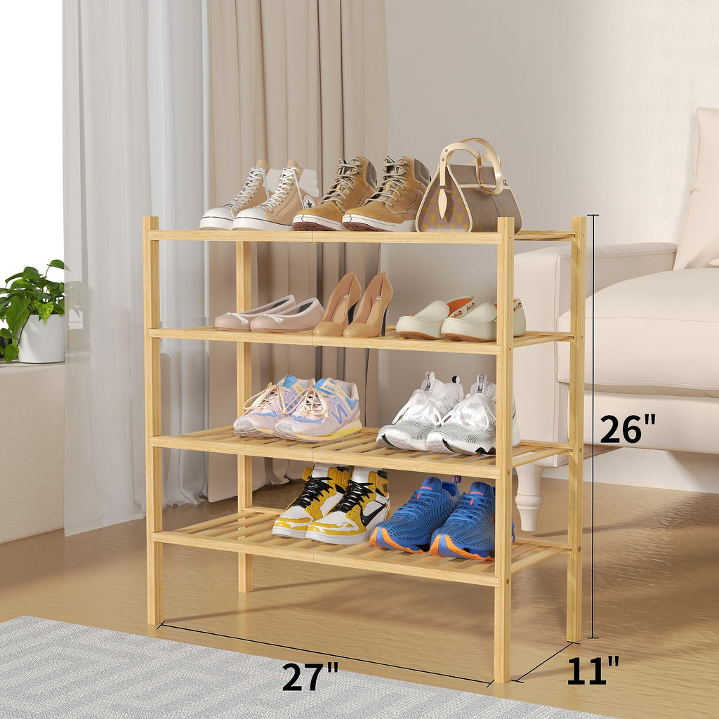 ROMGUAR CRAFT 2-Tier Bamboo Long Shoe Rack, Free Standing Wood Shoe Shelf Storage Organizer for Closet Entryway Stackable 35"x11"x13" (Black)