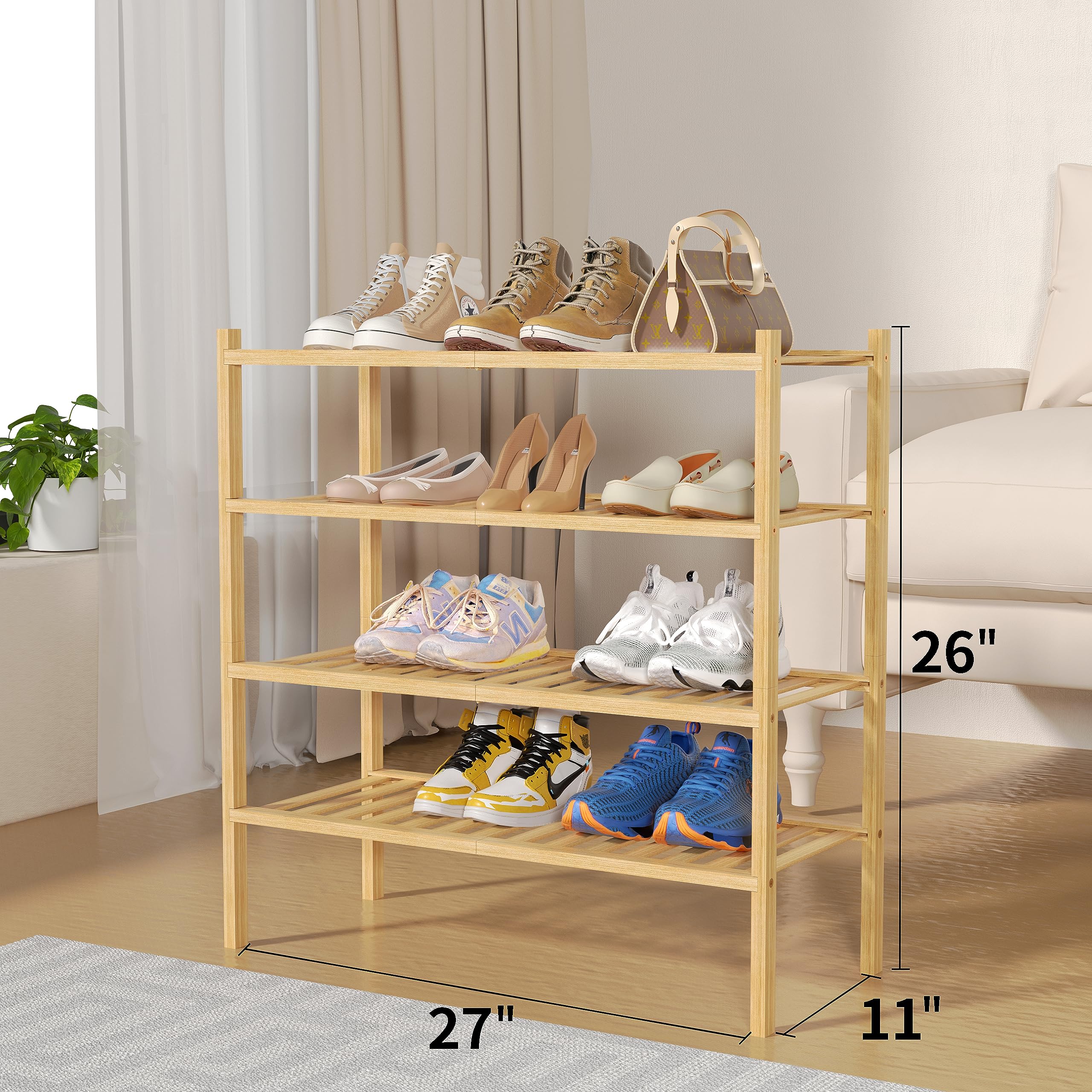 ROMGUAR CRAFT 2-Tier Bamboo Long Shoe Rack, Free Standing Wood Shoe Shelf Storage Organizer for Closet Entryway Stackable 35"x11"x13" (Black)