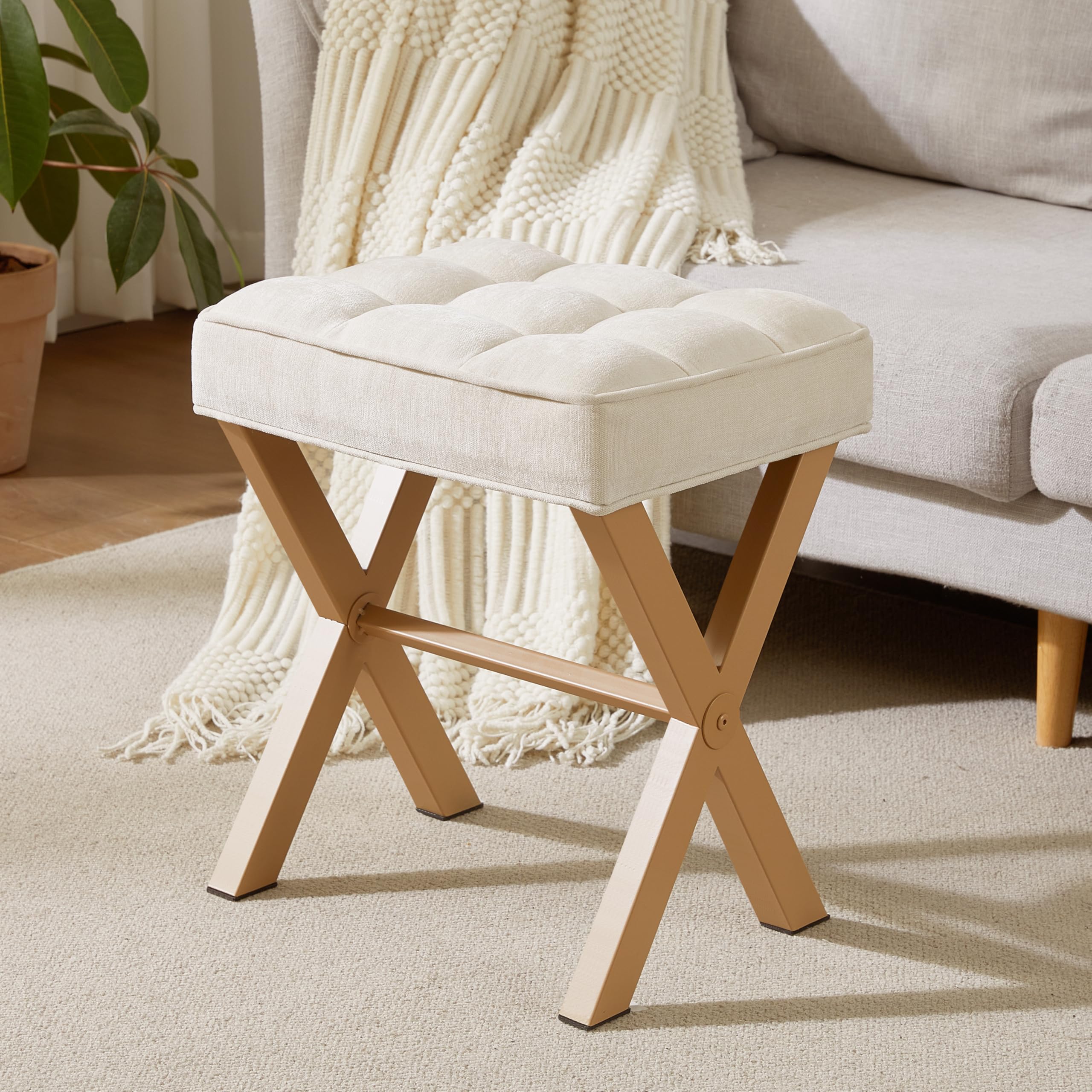 Royal Windsor Vanity Stool with Saddle Cushion, 18 Inch Makeup Vanity Chair for Living Room, Modern Foot Stool Ottoman Piano Bench,Small Upholstered Bench for Bedroom, Beige