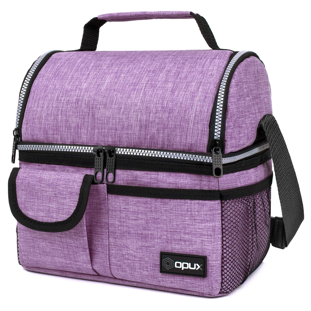 opux Insulated Lunch Bag Women Men, Dual Compartment Leakproof Lunch Box Adults Kids, Double Decker Meal Prep Bento Lunch Cooler Tote with Shoulder Strap for Work Office School Travel, Black