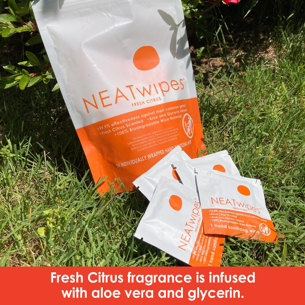 NEATwipes Hand Sanitizing Wipes | Travel Size | Disposable Wet Wipe & Biodegradable | Fresh Citrus Essential Oil | Soothing Aloe Vera | 24 Individually Wrapped Wipes