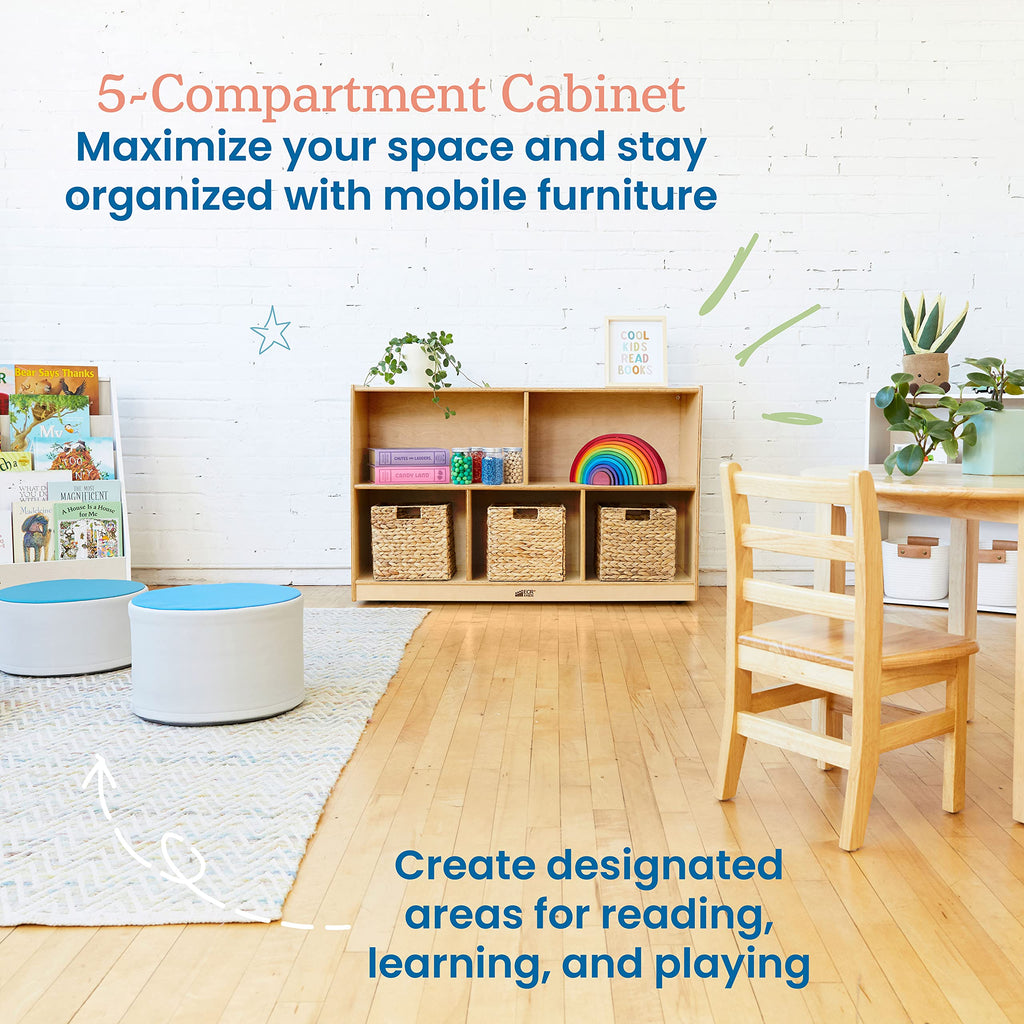 ECR4Kids 5-Compartment Mobile Storage Cabinet, Preschool, Classroom Furniture, Grey Wash
