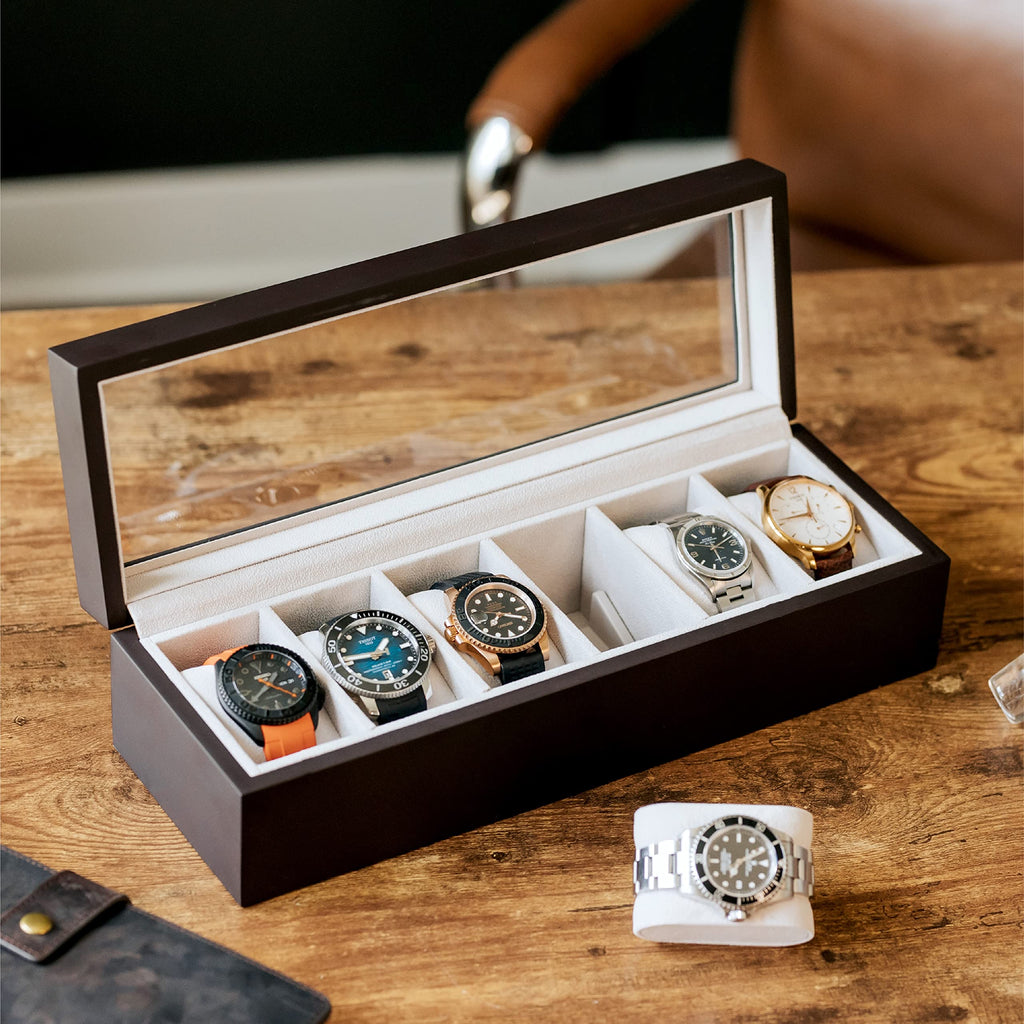 CASE ELEGANCE 6-Slot Solid Wood Watch Box for Men — Real Glass Display Top, Magnetic Closure & Pillow Stands | Watch Organizer Display Case | Gift for Him | Espresso