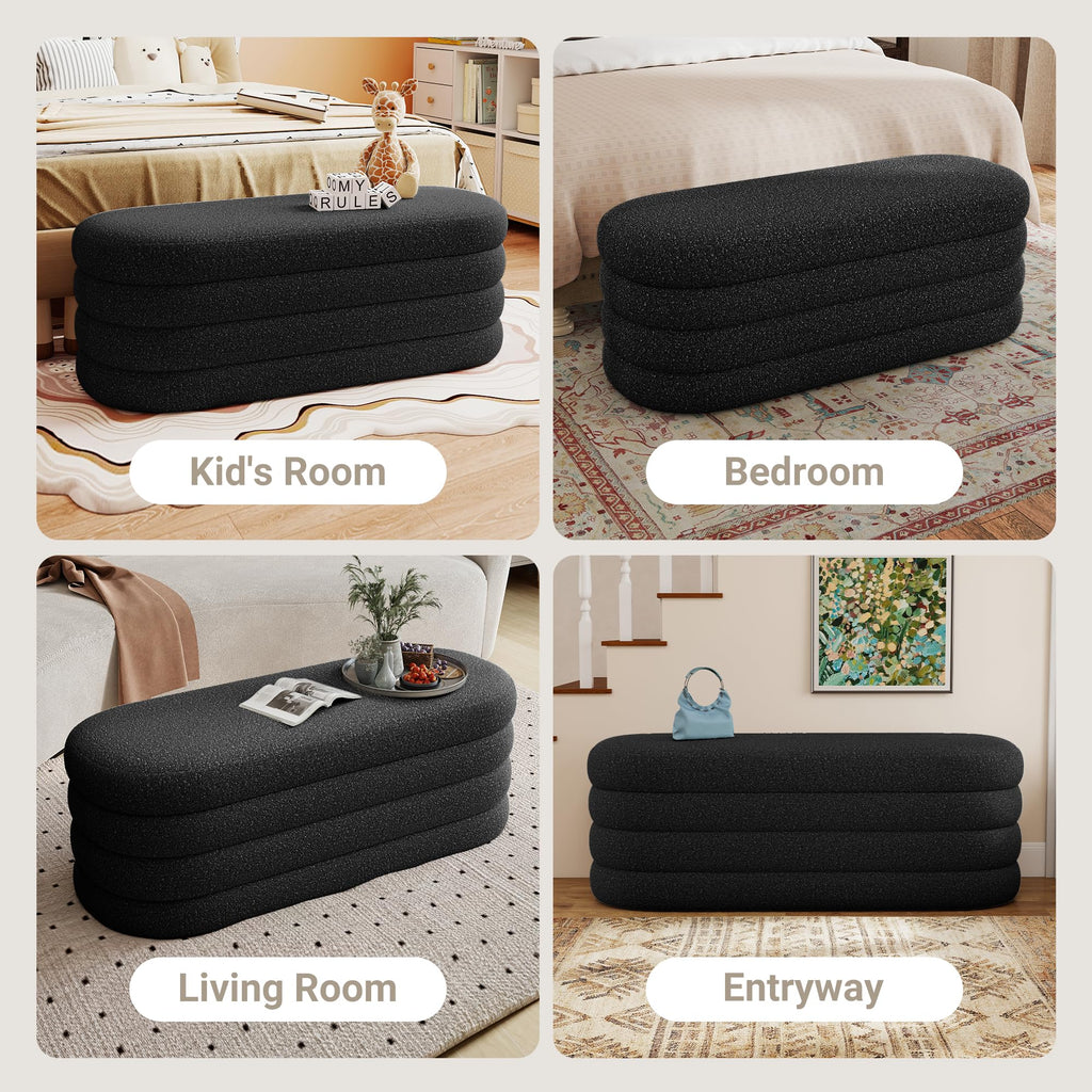 Busaurus Storage Ottoman Bench 49.2 Inch Upholstered Fabric Storage Bench for Bedroom End of Bed Aesthetic Large Oval Ottoman for Living Room Entryway (Black)