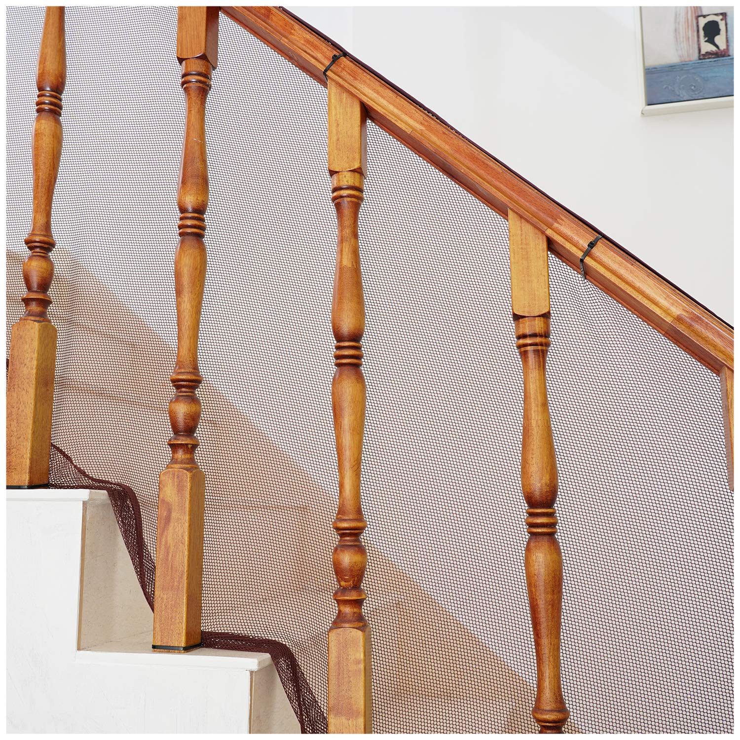 Baby Gates for Stairs with Banister, Guard Safety Net for Baby, 10ft x 3ft Stair Railing Mesh Barrier for Kids, Cats, Dogs, Child Safety Rail Guard - Dark Brown