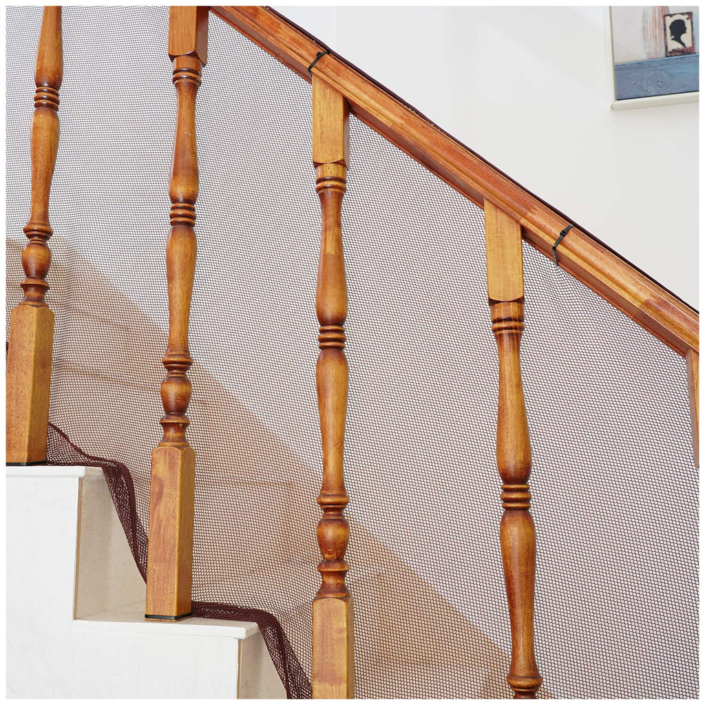 Baby Gates for Stairs with Banister, Guard Safety Net for Baby, 10ft x 3ft Stair Railing Mesh Barrier for Kids, Cats, Dogs, Child Safety Rail Guard - Dark Brown