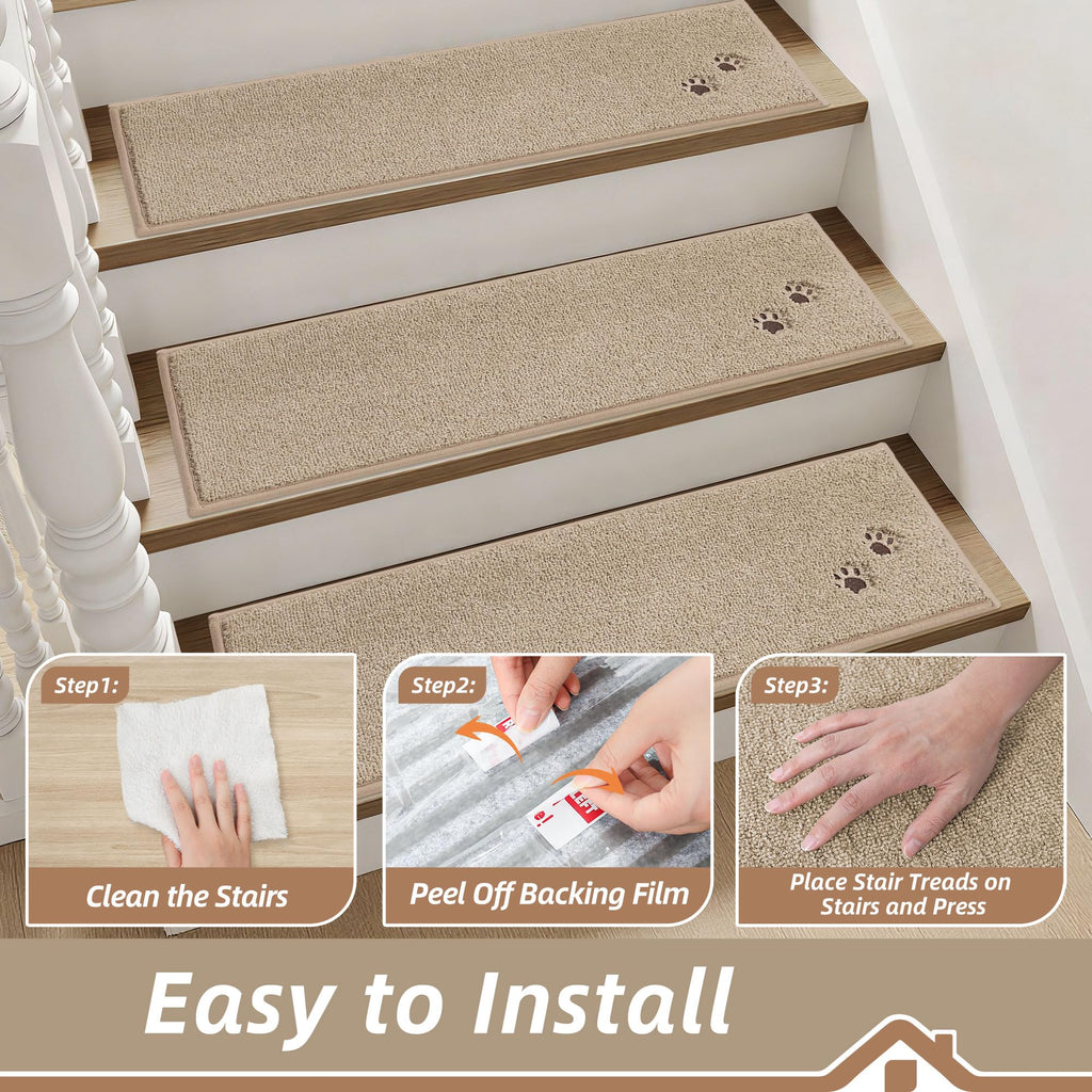 BEQHAUSE Stair Treads for Wooden Steps 28inX9in, Non Slip Carpet Stair Treads Indoor Stair Runners Machine Washable, Soft Stair Rugs Mat Surface Polyester TPE Backing, 4pcs, Beige