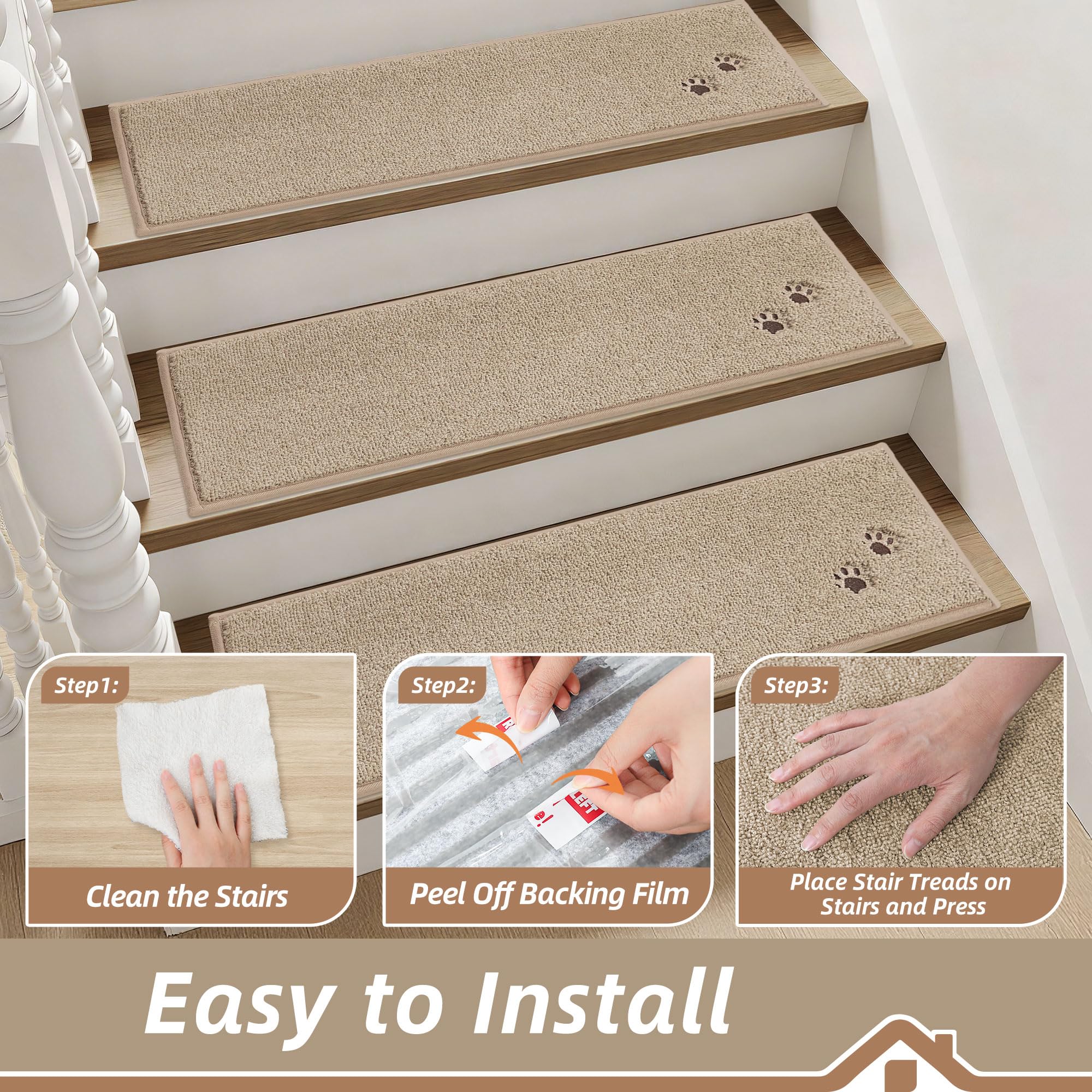 BEQHAUSE Stair Treads for Wooden Steps 28inX9in, Non Slip Carpet Stair Treads Indoor Stair Runners Machine Washable, Soft Stair Rugs Mat Surface Polyester TPE Backing, 4pcs, Beige