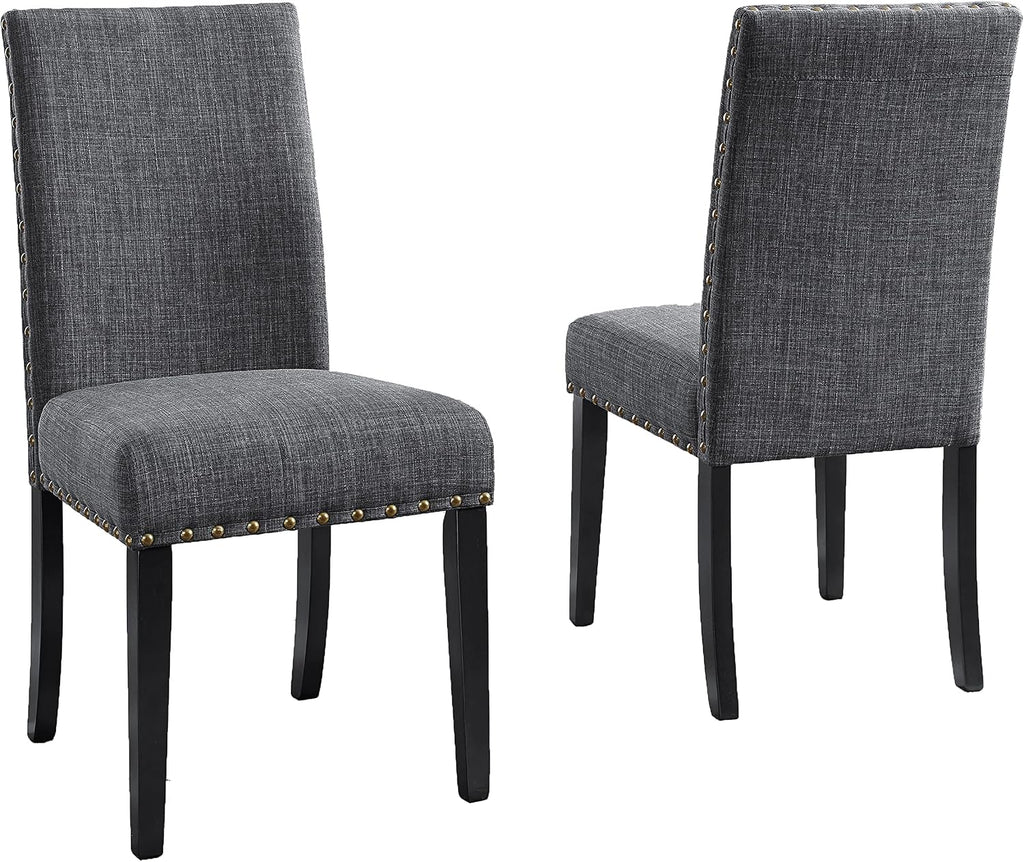 Roundhill Furniture Biony Gray Fabric Dining Chairs with Nailhead Trim, Pack of 2