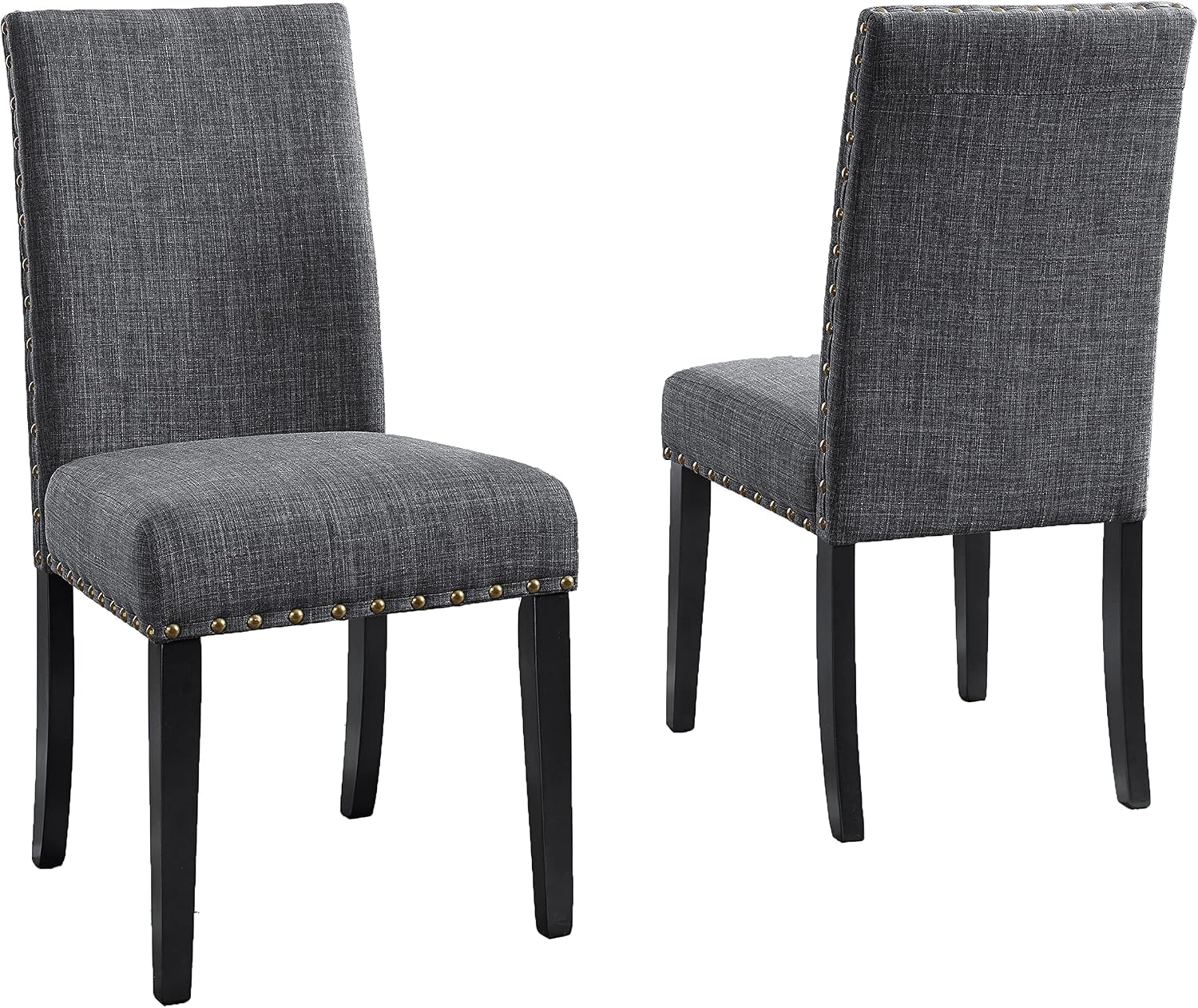 Roundhill Furniture Biony Gray Fabric Dining Chairs with Nailhead Trim, Pack of 2