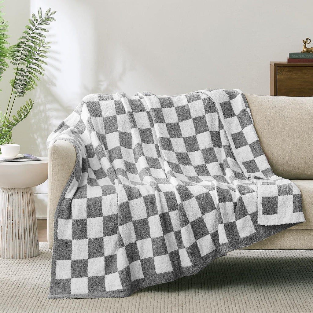Checkered Throw Blanket, Black Soft Cozy Fluffy Knitted Throw Blankets for Couch, Sofa, Bed, Chair, Warm Fuzzy Travel Picnic Lightweight Plaid Blanket, 50x70 inches