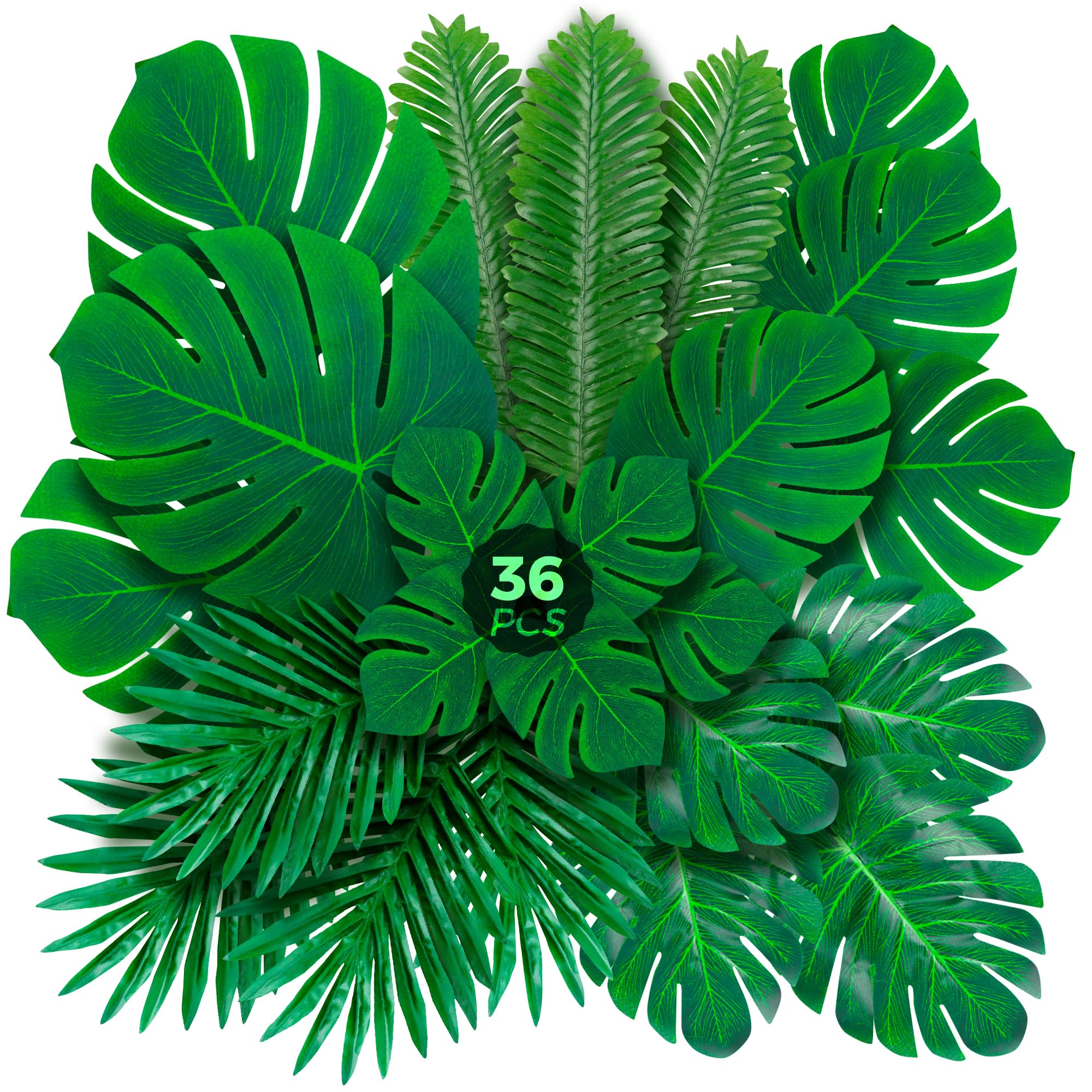 Decopom Palm Leaves Artificial Tropical Monstera-84Pcs 6 Kinds Large Small Green Fake Palm Leaf with Stems for Safari Jungle Hawaiian Luau Party Table Decoration Wedding Birthday Theme Party