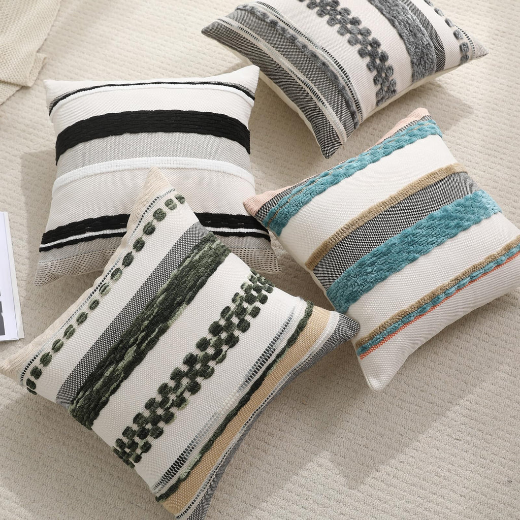 Boho Pillow Covers 18x18 Set of 2 for Couch-Modern Farmhouse Sofa Decorative Throw Pillow Covers Textured Chenille Cushion Covers Outdoor Netural Bohemian Pillow Cases Square