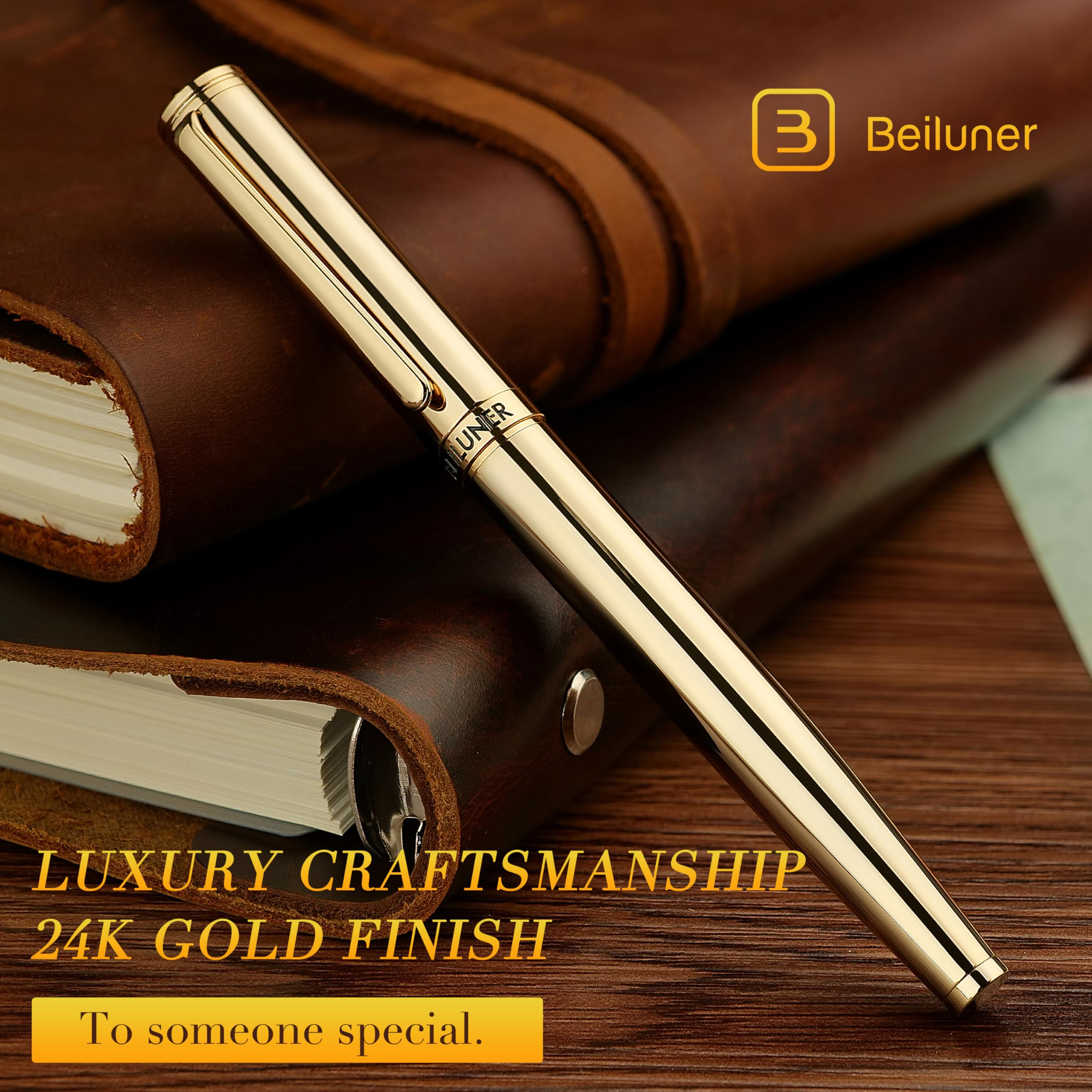 BEILUNER Luxury Rollerball Pen,24K Gold Trim,Noble and Elegant Designs,Schneider Ink Refill, Best Roller Ball Pen Gift Set for Men & Women, Professional, Executive Office, Nice Pens