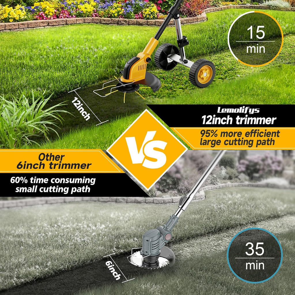 Cordless Weed Eater Battery Powered 6000mAh, 4-in-1 Brush Cutter Heavy Duty/Weed Trimmer/Lawn Mower Edger W/Wheel Metal Blade, 2 Battery Garden Yard Tool
