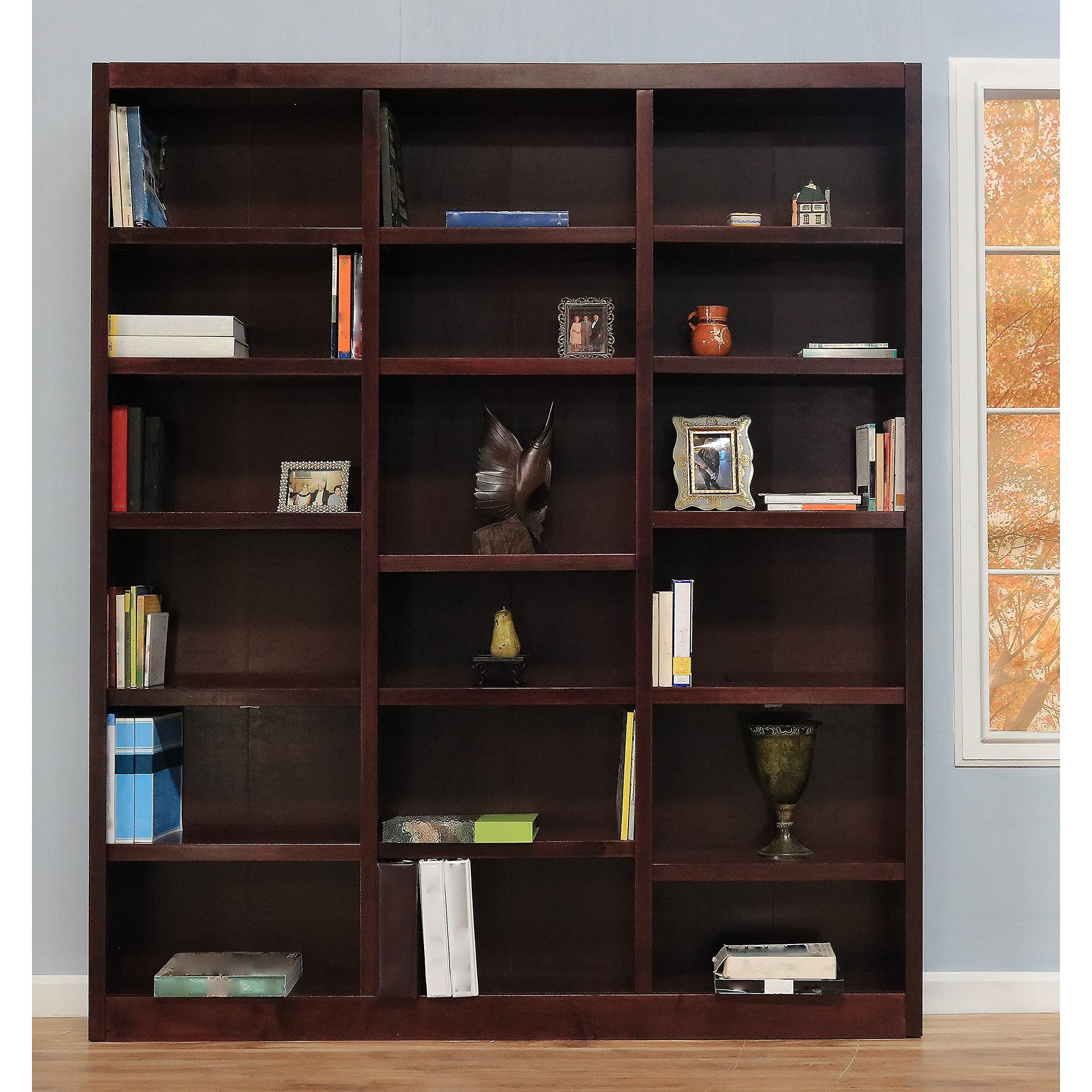 Concepts In Wood 84" Traditional Triple Wide Wood Bookcase with 15 Adjustable Shelves & 3 Fixed Shelves, Assembly Required, for Laundry/Bedroom/Kitchen/Garage/Office, in Cherry Finish