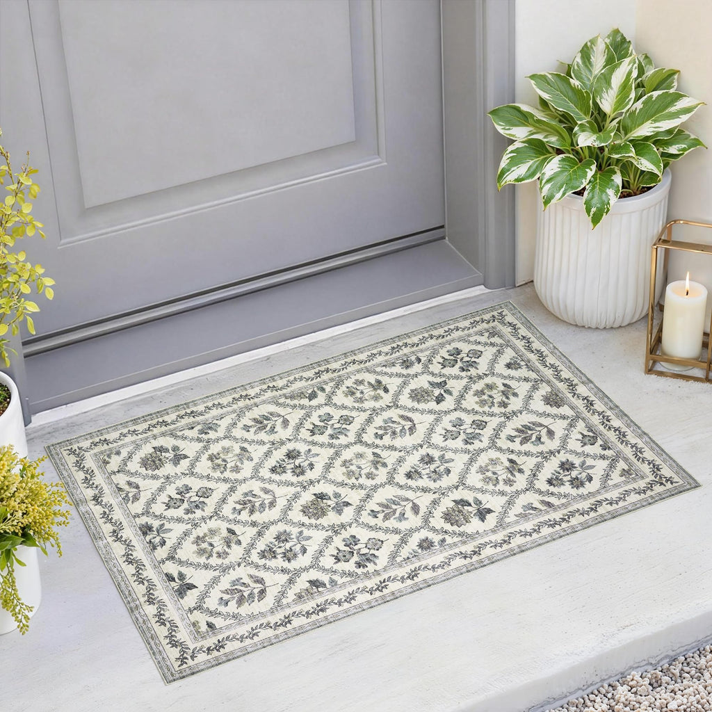 Black Floral Area Rug for Entryway 2x3 Washable Small Rug Low Pile Non Slip Distressed Entry Mat Soft Farmhouse Indoor Entrance Door Mat for Kitchen Bedroom Home Office Black Grey and White