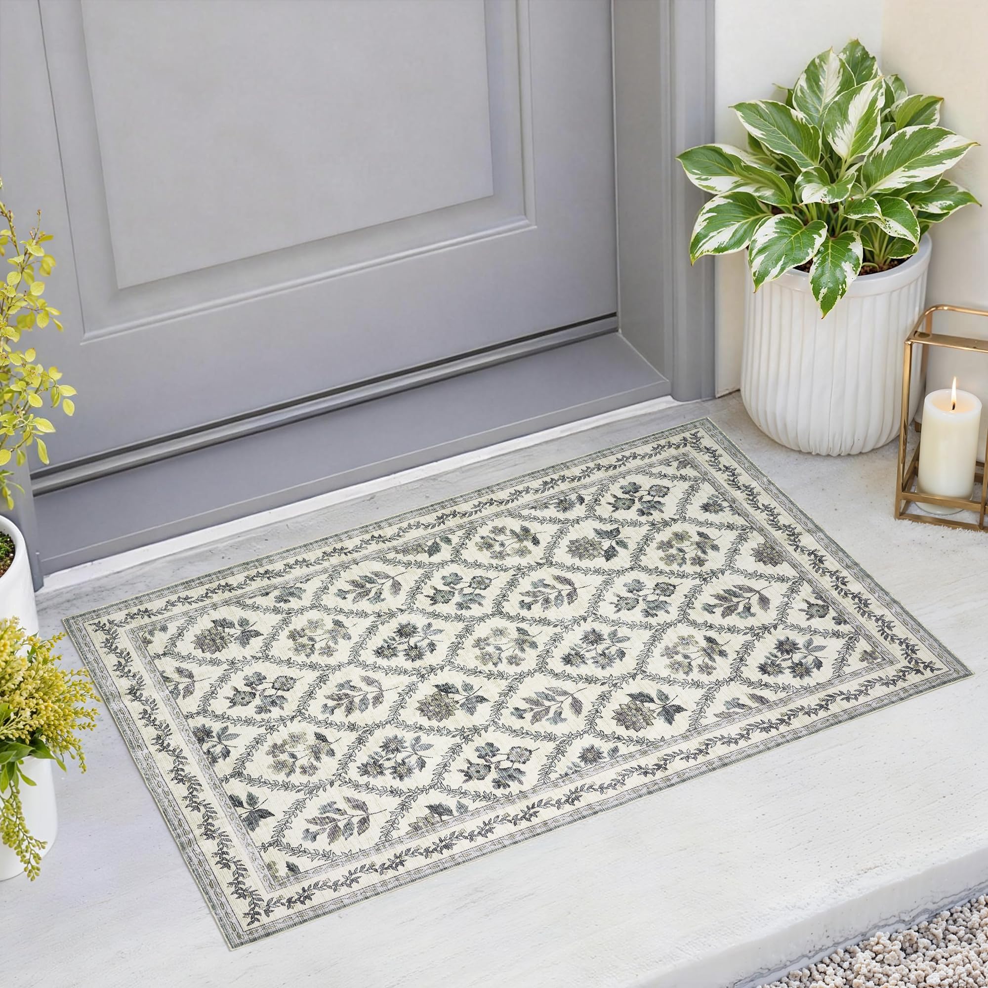 Black Floral Area Rug for Entryway 2x3 Washable Small Rug Low Pile Non Slip Distressed Entry Mat Soft Farmhouse Indoor Entrance Door Mat for Kitchen Bedroom Home Office Black Grey and White