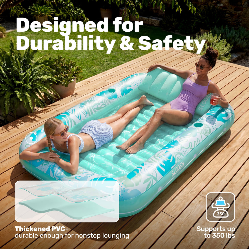 SLOOSH Inflatable Tanning Pool Lounger Float, 85" x 57" Extra Large Pool Floats Adult with Pillow, 4 in 1 Suntan Tub Raft Floatie,Sunbathing Bed Lounge for Water Blow Up Ball Pit Party Gifts, XL-Blue