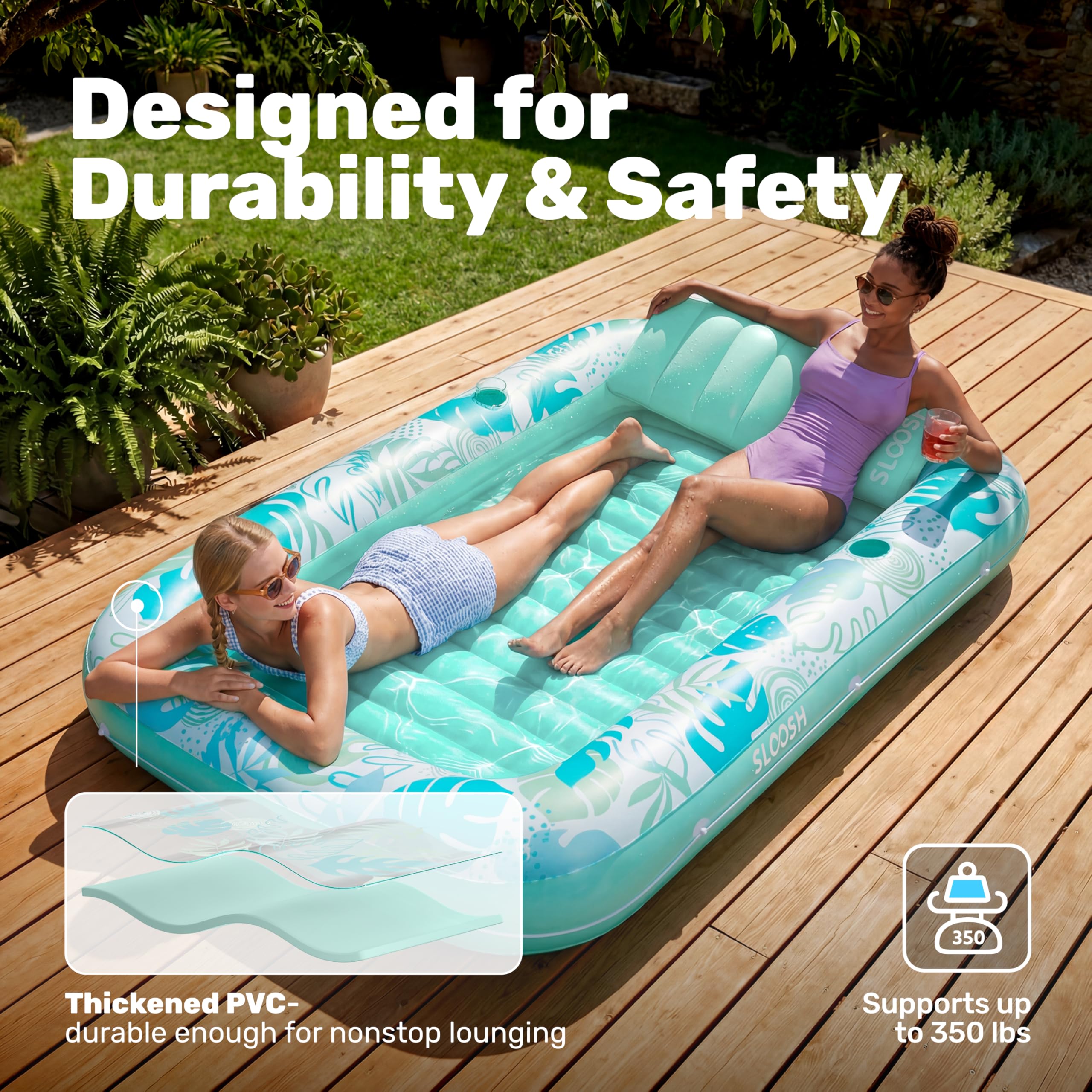 SLOOSH Inflatable Tanning Pool Lounger Float, 85" x 57" Extra Large Pool Floats Adult with Pillow, 4 in 1 Suntan Tub Raft Floatie,Sunbathing Bed Lounge for Water Blow Up Ball Pit Party Gifts, XL-Blue