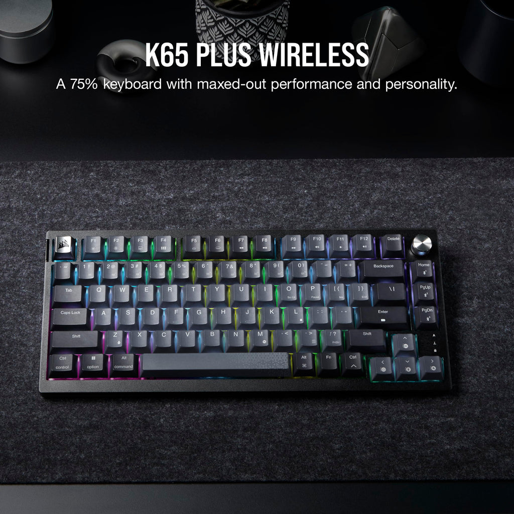 Corsair K65 Plus Wireless 75% RGB Mechanical Gaming Keyboard – Pre-Lubricated MLX Red Linear Switches – PBT Dye-Sub Keycaps – PC, Mac, PS5, PS4, Xbox, iPad – QWERTY NA – Black/Gray