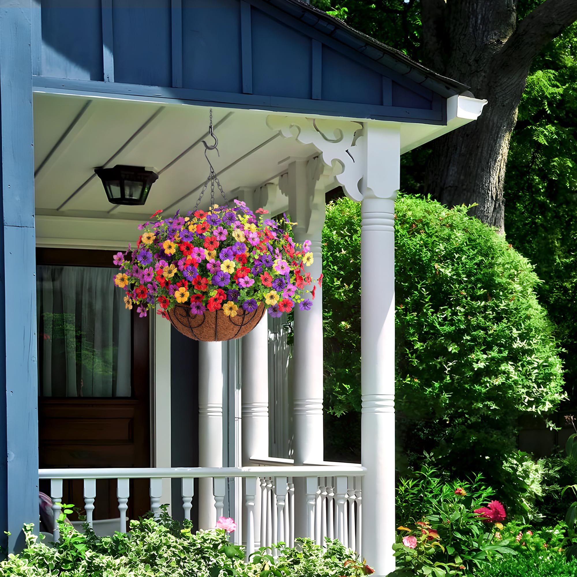Ammyoo Artificial Faux Hanging Plants Flowers Basket for Spring Outdoor Decoration, Fake Silk Daisy UV Resistant Look Real with Eucalyptus Leaves Summer Outside Decor for Home Patio Garden