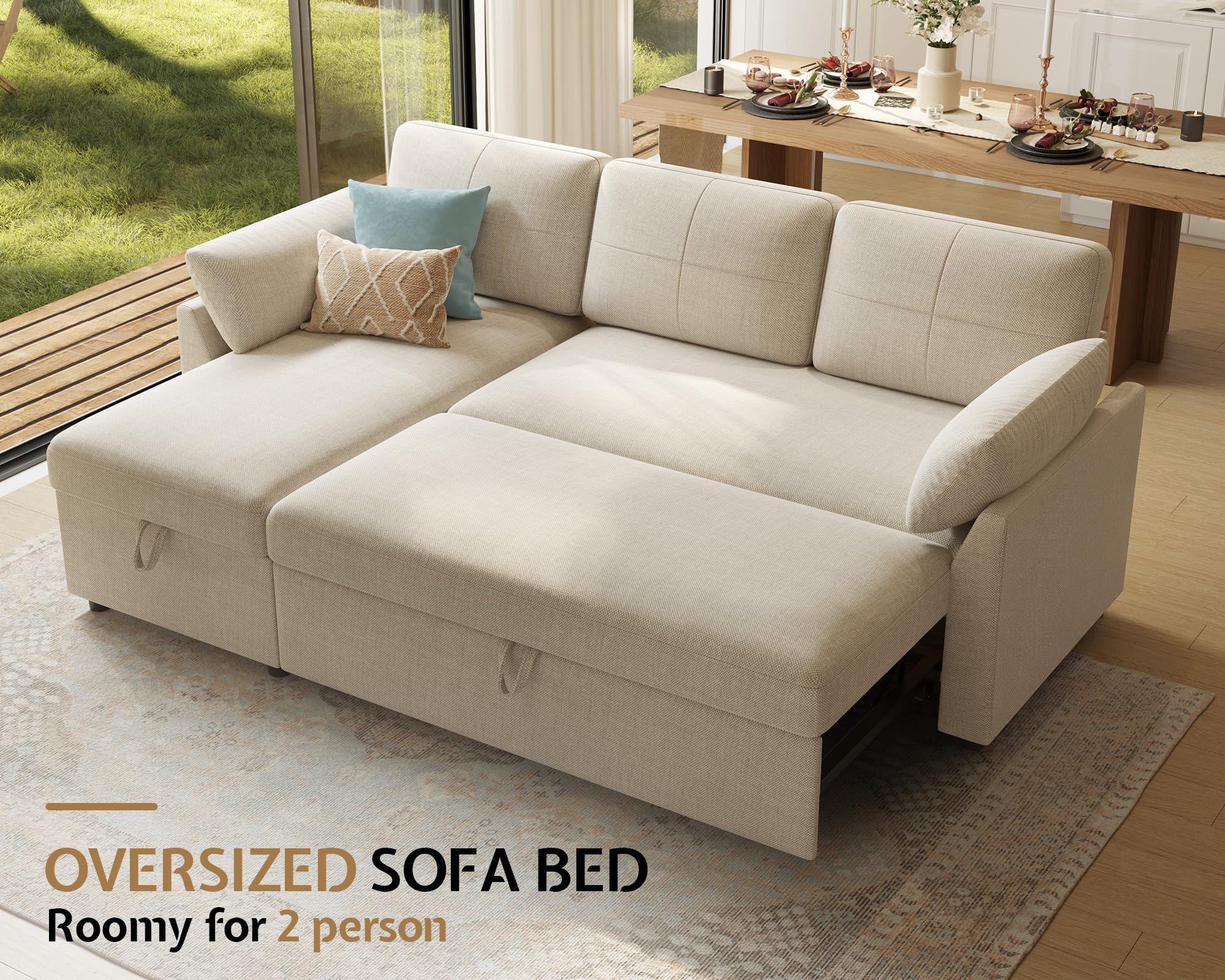 PaPaJet Sofa Bed, Sleeper Sofa with Storage Chaise, L Shaped Sofa with Pull Out Bed, Oversized Sofas for Living Room, Beige
