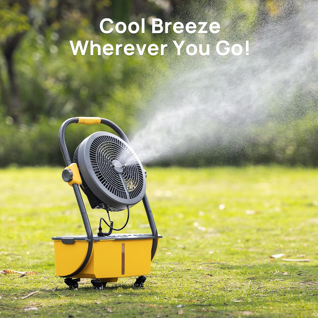 TURBRO Cordless Misting Fan with 11L Tank, High Pressure Spray Nozzles, 15ft Mist Range, Up to 50 Hours Run Time with Rechargeable Battery, 360° Swivel Wheels, Ideal for Patio, Pool and Outdoor Use