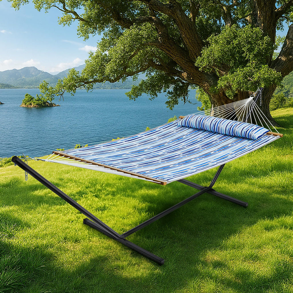 SUPERJARE Hammock with Stand, 2 Person Quilted Outdoor Hammock, Detachable Pillow & Bamboo Spreaders, Portable Hammock with Carrying Bag, Heavy Duty Stand, Perfect for Outside, Patio, Aqua Blue