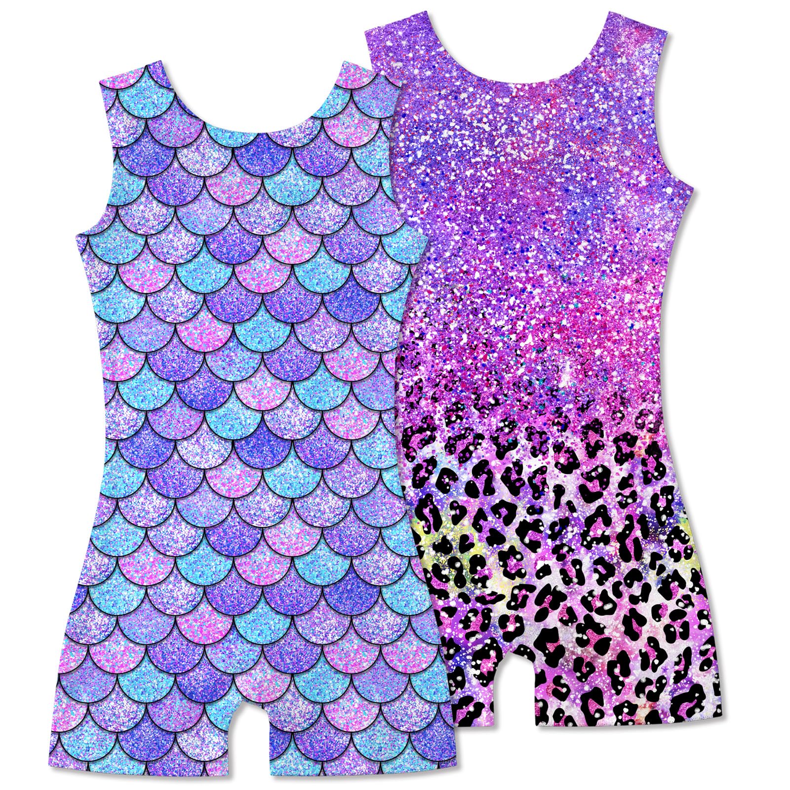 2 Packs Gymnastics Leotards for Girls Mermaid Leopard Dance Leotard Kids Biketard with Shorts