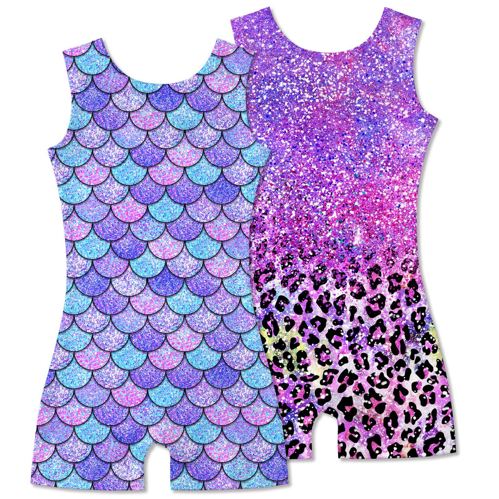 2 Packs Gymnastics Leotards for Girls Mermaid Leopard Dance Leotard Kids Biketard with Shorts