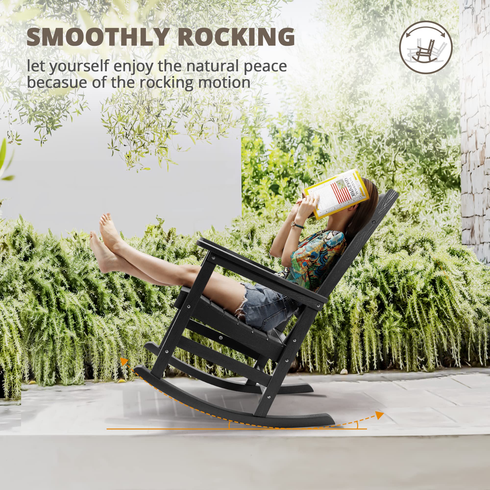 LUE BONA Rocking Chair Outdoor, Weather Resistant HDPS Plastic Rocker Chairs, 350lb Heavy Duty, Oversized Porch Rocker for Adult, High Back Smooth Rocking Chairs for Outdoor & Indoor, Aruba Blue