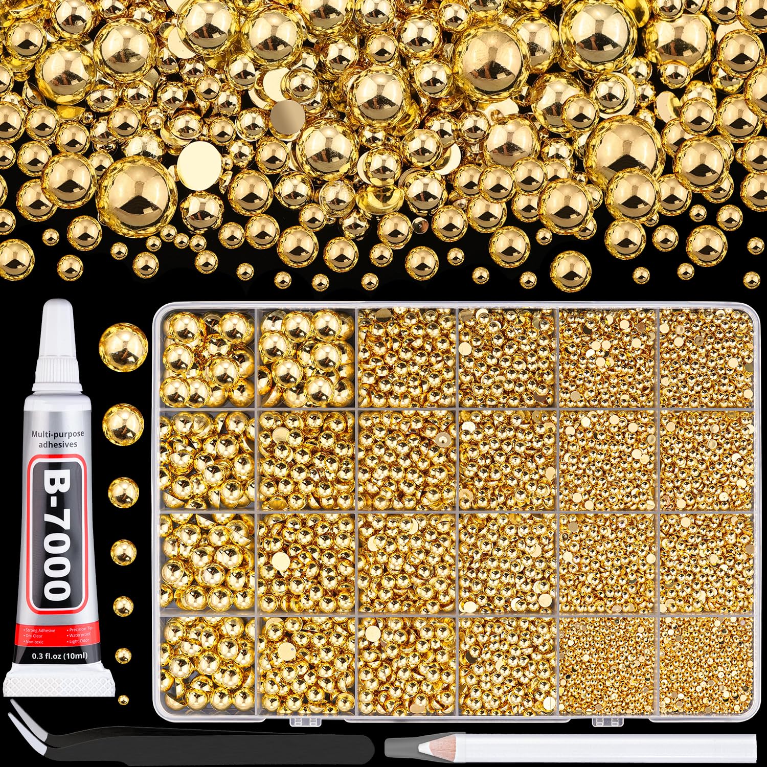 BELLEBOOST 5600pcs ABS Round Flat Back Beige Pearls Kit with Pickup Tools for Nail Art, Face, Body Decorations