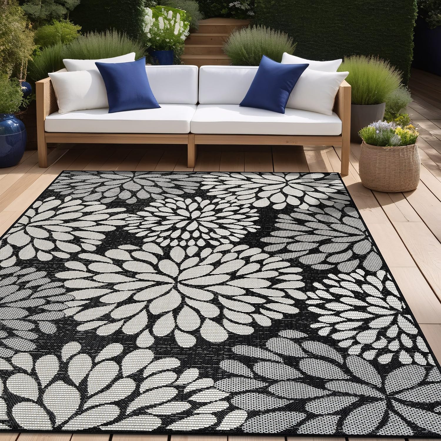 Beverly Rug Outdoor Rug 5x7 Modern Bordered Area Rugs for Indoor and Outdoor Patio Deck Porch Garden Waterproof Weather Sun Resistant Washable Outside Carpet (5 x 7 Beige)