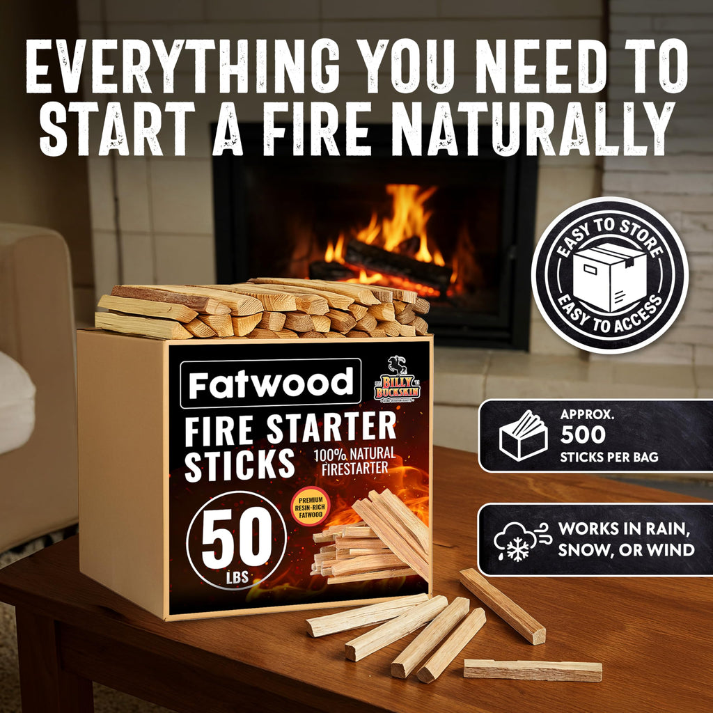 2lb Fatwood Fire Starter Sticks | 100% Natural Fire Starters for Campfires, Firepit, Wood Stoves, Fireplaces, BBQ | Start a Fire w/Just 2 Sticks | Camping Essentials by Billy Buckskin (2lb Bag)