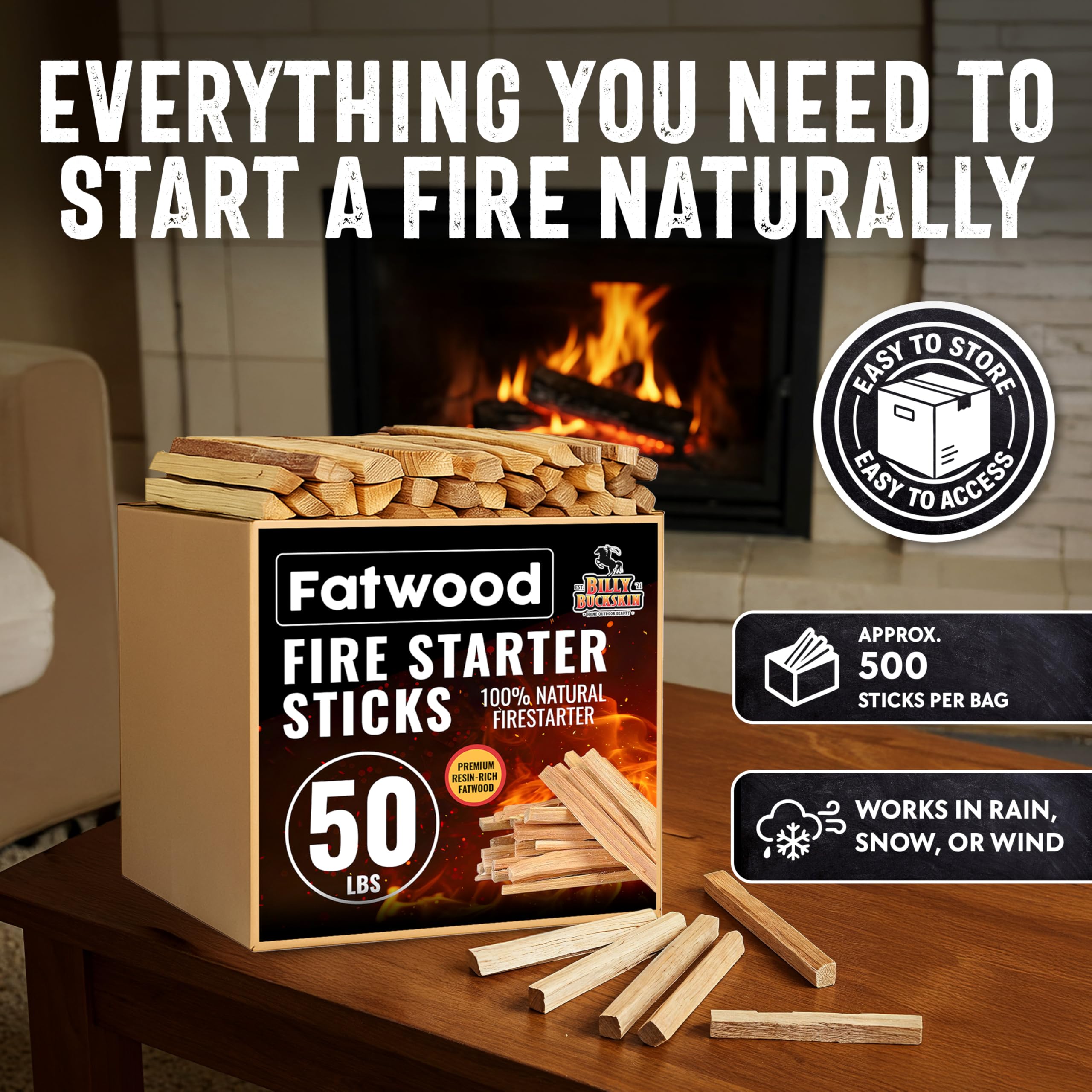 2lb Fatwood Fire Starter Sticks | 100% Natural Fire Starters for Campfires, Firepit, Wood Stoves, Fireplaces, BBQ | Start a Fire w/Just 2 Sticks | Camping Essentials by Billy Buckskin (2lb Bag)