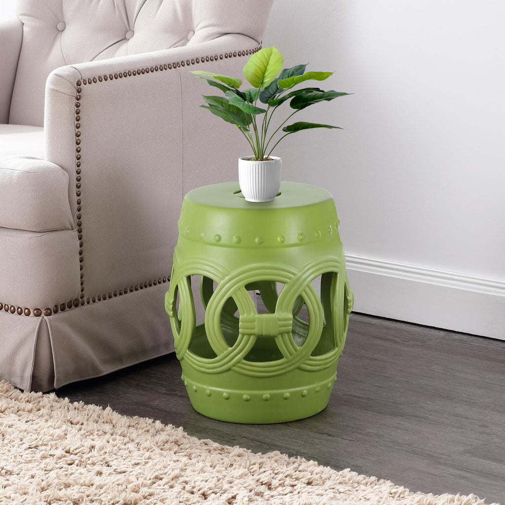 JONATHAN Y Lucky Coins 16" Ceramic Garden Stool, Contemporary Blue/White Cutout Interlocking Rings Drum Indoor/Outdoor Side Table and Plant Stand for Patio, Garden, Living Room TBL1027A