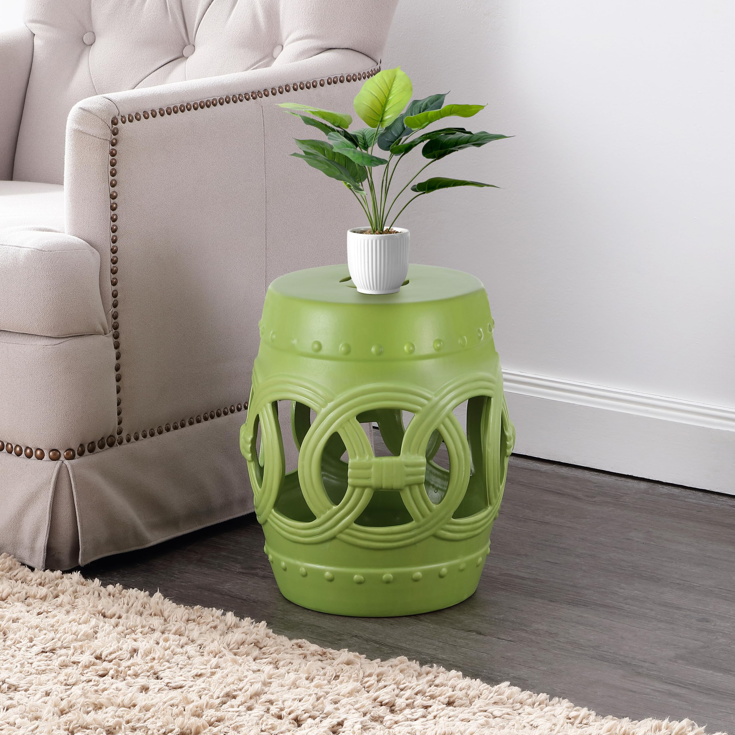 JONATHAN Y Lucky Coins 16" Ceramic Garden Stool, Contemporary Blue/White Cutout Interlocking Rings Drum Indoor/Outdoor Side Table and Plant Stand for Patio, Garden, Living Room TBL1027A